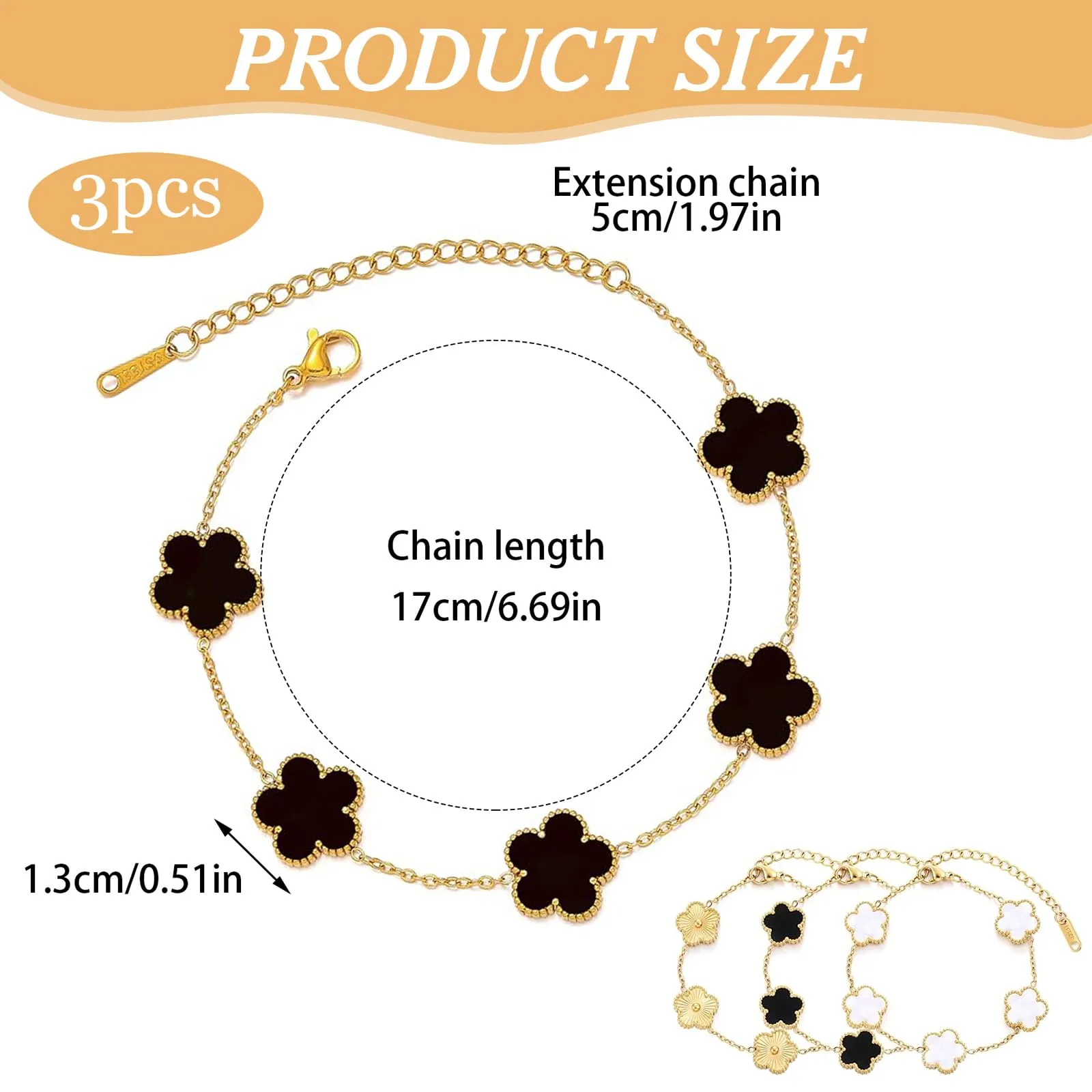 LIUYIDM Bracciale Donna Gioielli 3 Pezzi con Quadrifoglio Dorato Four Leaf Clover Bracelet Accessori Eleganti Gioielli Quadrifoglio Donna Vita Quotidiana, Regali di Compleanno (Tre colori) - immagine 2