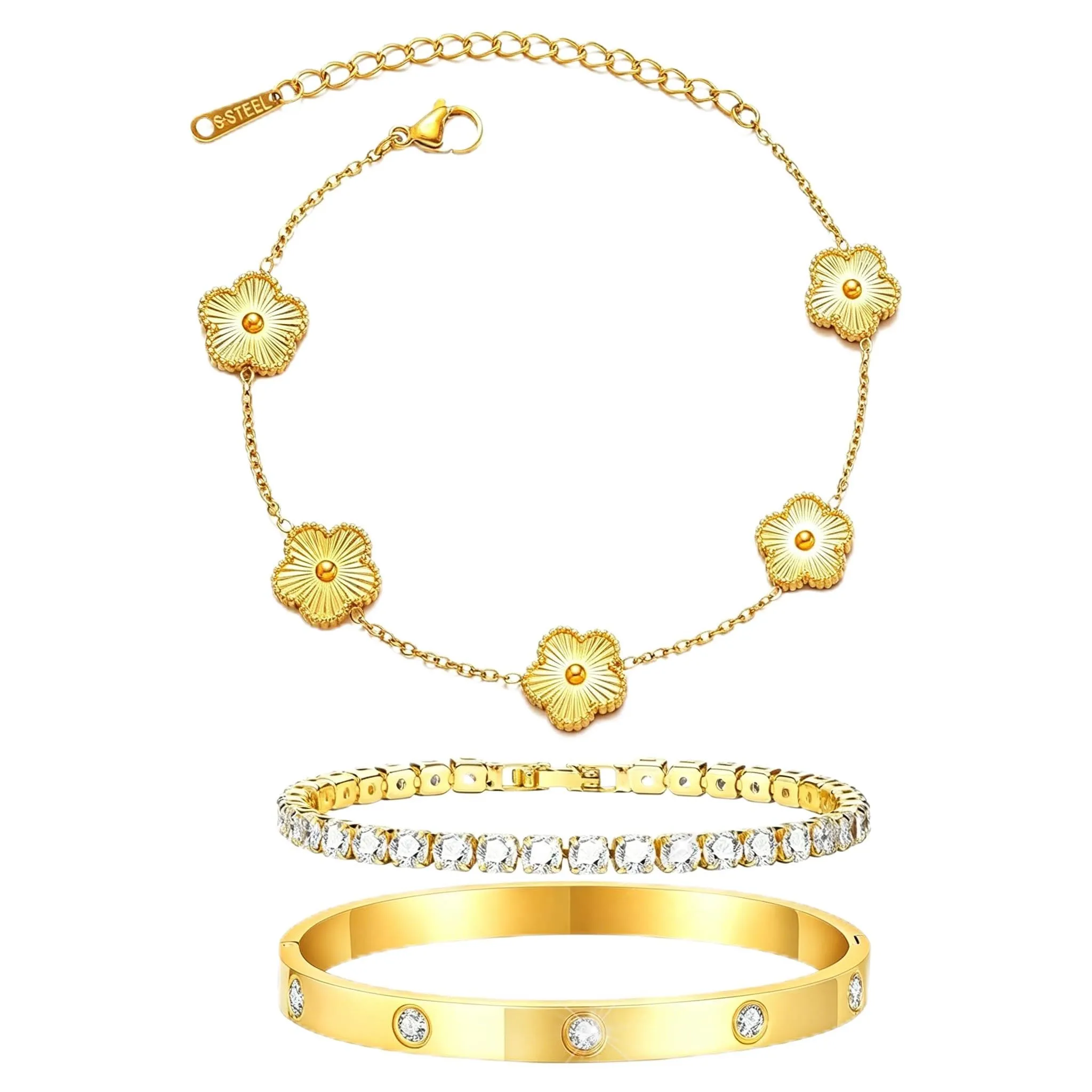 LIUYIDM Bracciale Donna Gioielli 3 Pezzi con Quadrifoglio Dorato Four Leaf Clover Bracelet Accessori Eleganti Gioielli Quadrifoglio Donna Vita Quotidiana, Regali di Compleanno Oro (Con scatola) - immagine 1