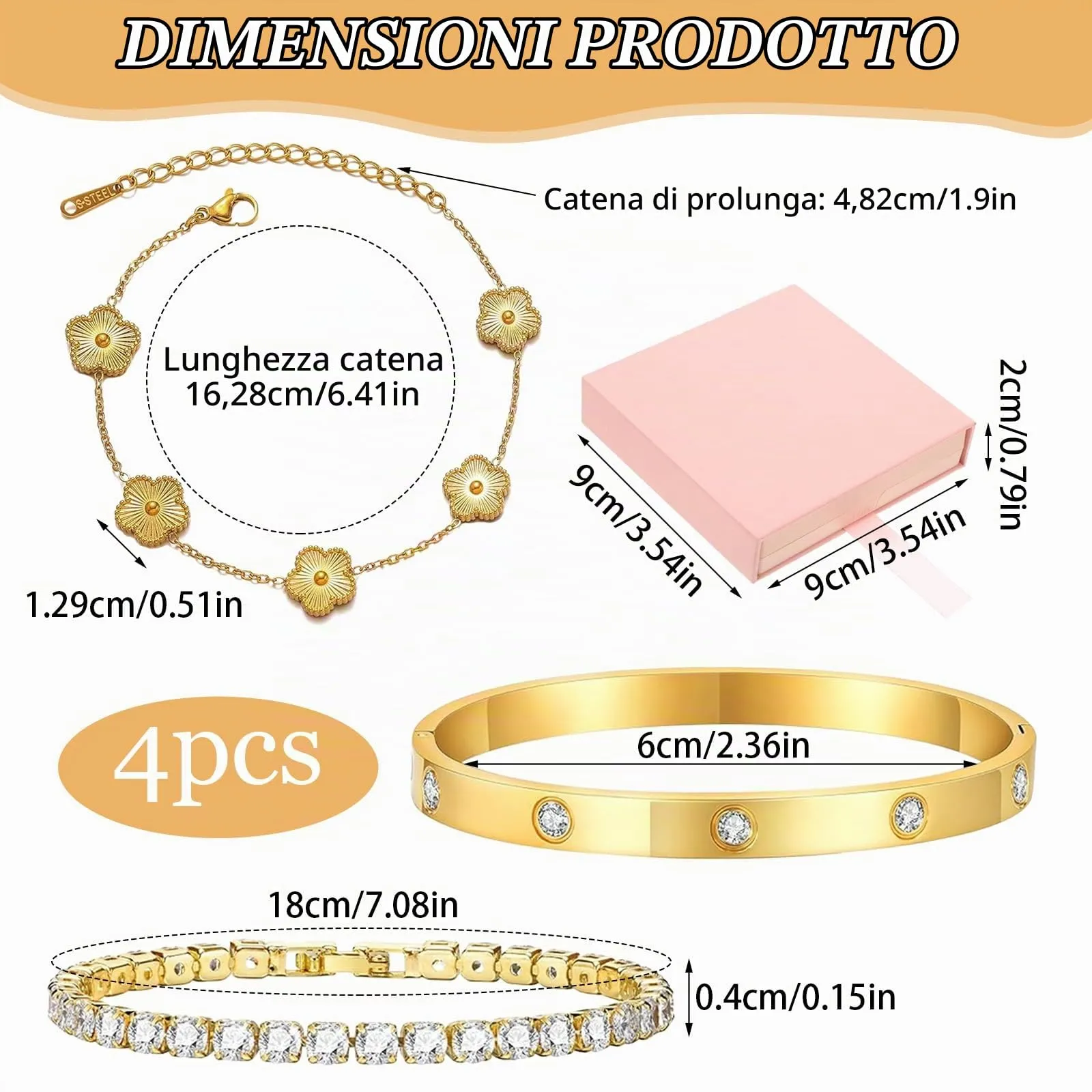 LIUYIDM Bracciale Donna Gioielli 3 Pezzi con Quadrifoglio Dorato Four Leaf Clover Bracelet Accessori Eleganti Gioielli Quadrifoglio Donna Vita Quotidiana, Regali di Compleanno Oro (Con scatola) - immagine 2