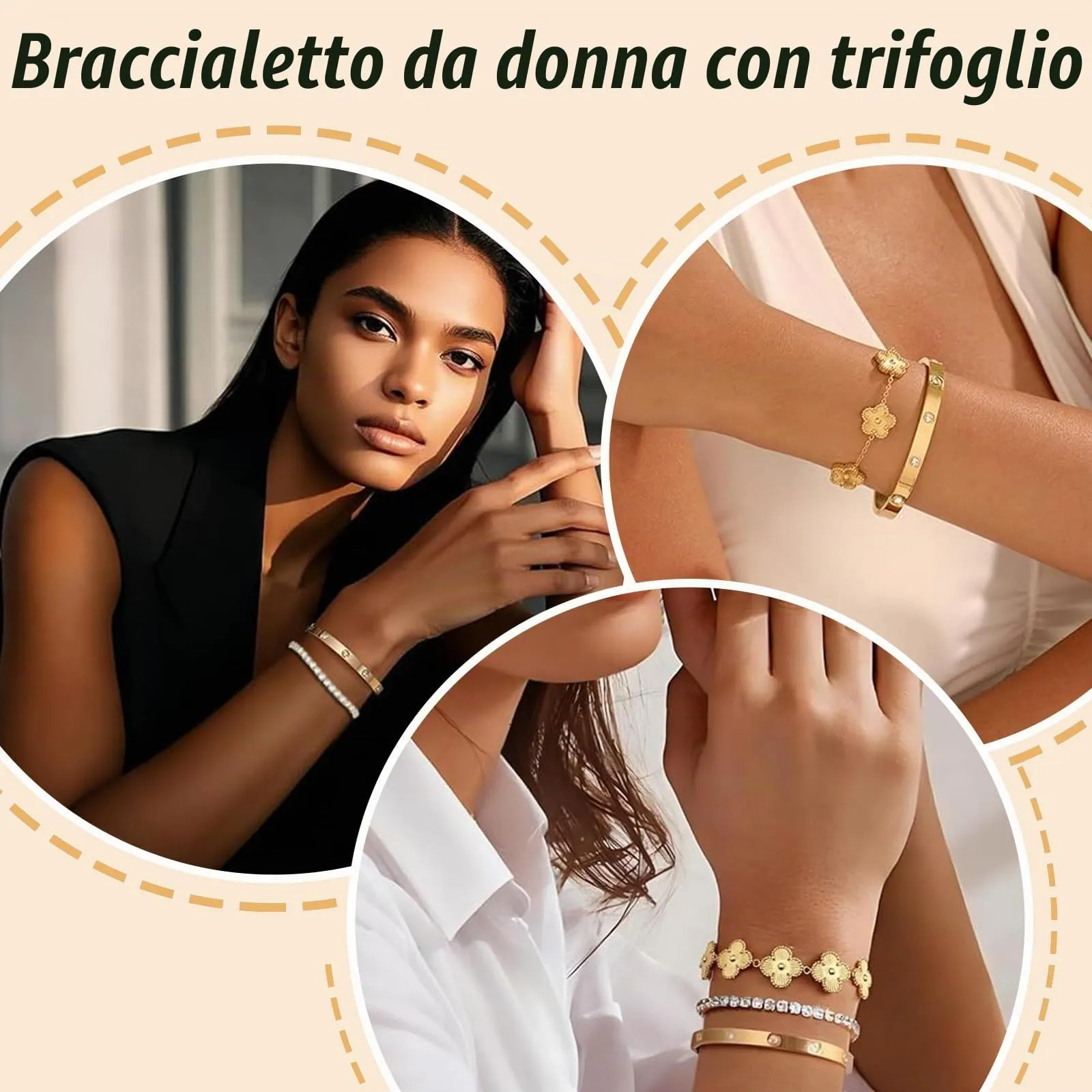 LIUYIDM Bracciale Donna Gioielli 3 Pezzi con Quadrifoglio Dorato Four Leaf Clover Bracelet Accessori Eleganti Gioielli Quadrifoglio Donna Vita Quotidiana, Regali di Compleanno Oro (Con scatola) - immagine 3