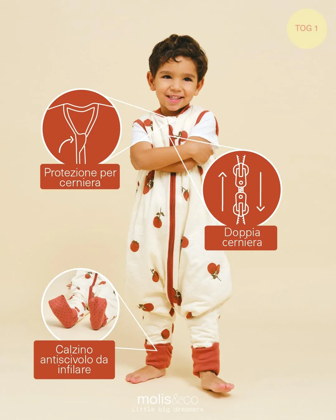 molis&co - Sacco Nanna con piedini e calze - Sacco nanna primaverile e autunno - Sacco nanna 1 tog - Leggermente Imbotito - 100% Cotone (Oeko-TEX 100) - Tomatoes (1 anno) - immagine 3