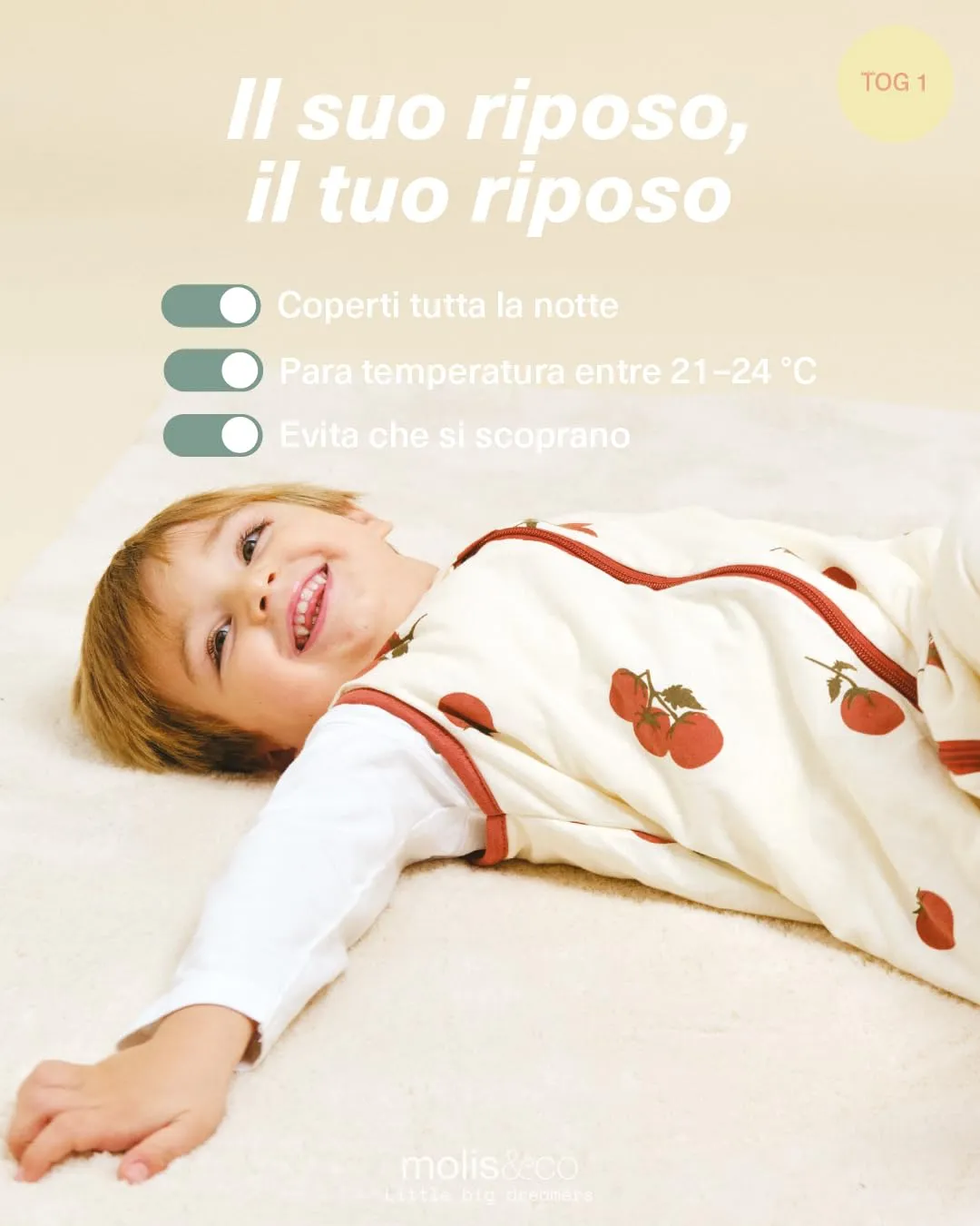 molis&co - Sacco Nanna con piedini e calze - Sacco nanna primaverile e autunno - Sacco nanna 1 tog - Leggermente Imbotito - 100% Cotone (Oeko-TEX 100) - Tomatoes (1 anno) - immagine 5