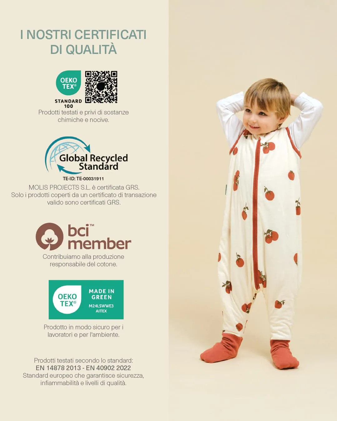 molis&co - Sacco Nanna con piedini e calze - Sacco nanna primaverile e autunno - Sacco nanna 1 tog - Leggermente Imbotito - 100% Cotone (Oeko-TEX 100) - Tomatoes (1 anno) - immagine 7
