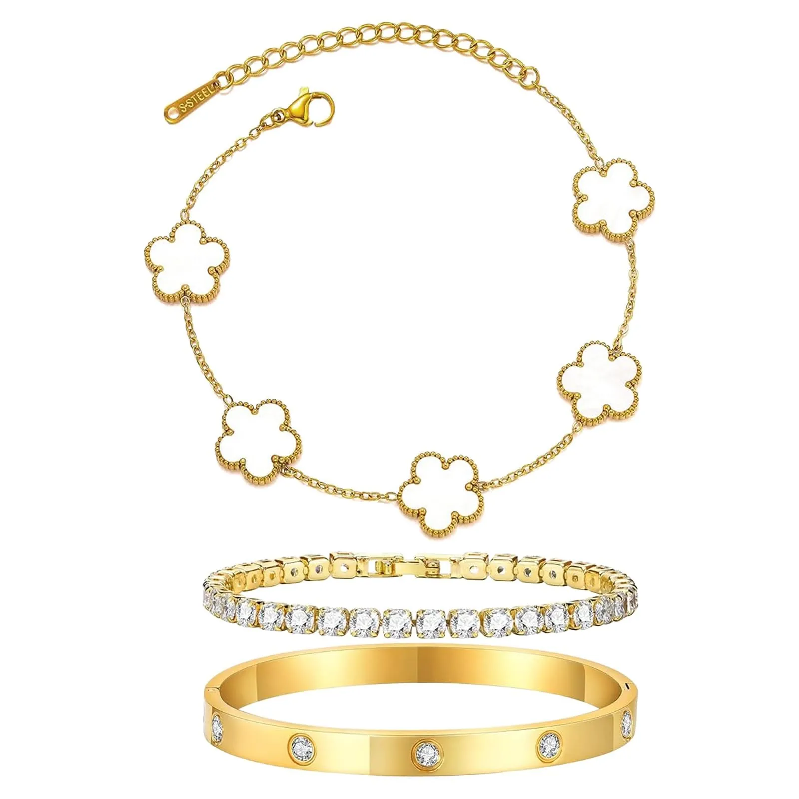 LIUYIDM Bracciale Donna Gioielli 3 Pezzi con Quadrifoglio Dorato Four Leaf Clover Bracelet Accessori Eleganti Gioielli Quadrifoglio Donna Vita Quotidiana, Regali di Compleanno Bianco (Con scatola) - immagine 1