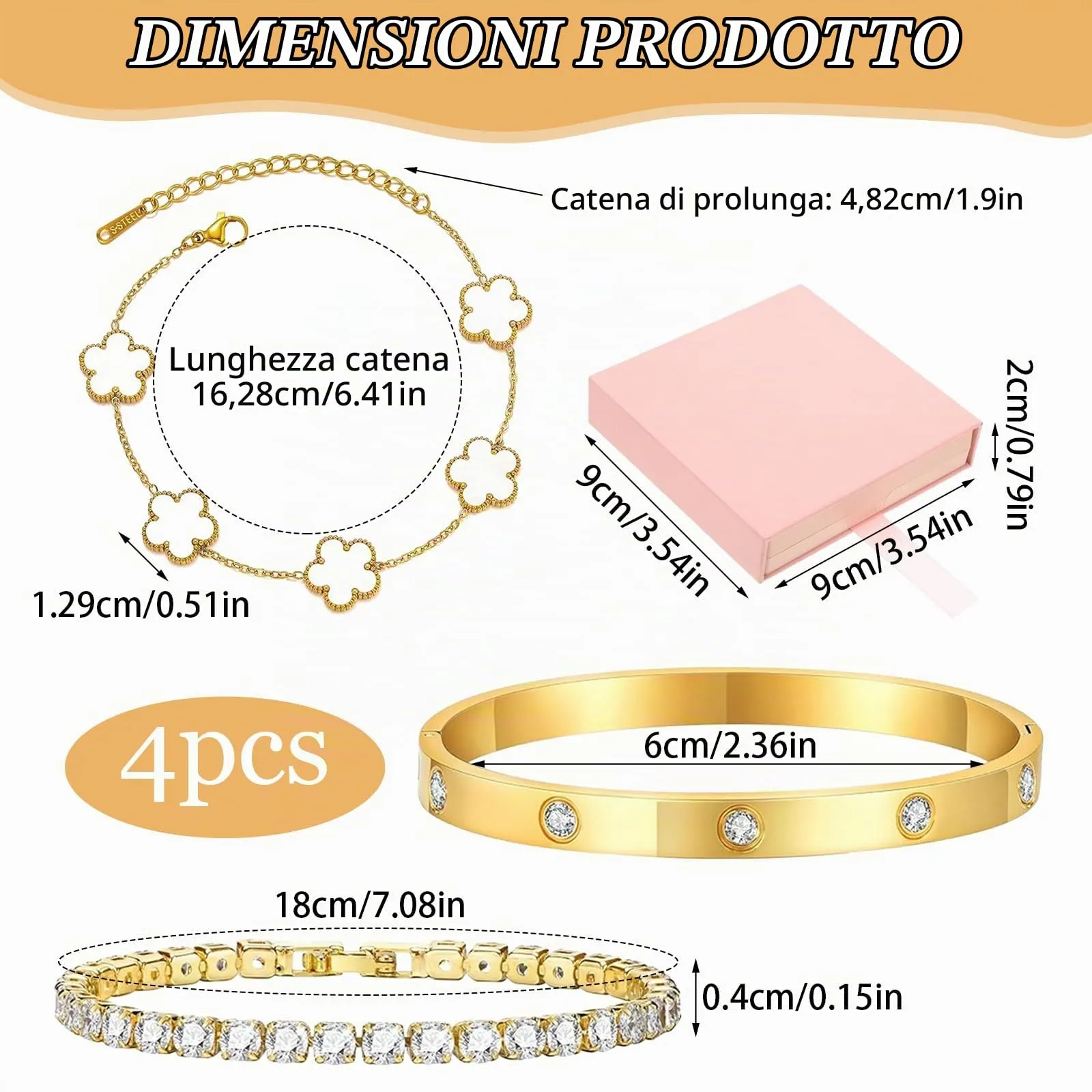 LIUYIDM Bracciale Donna Gioielli 3 Pezzi con Quadrifoglio Dorato Four Leaf Clover Bracelet Accessori Eleganti Gioielli Quadrifoglio Donna Vita Quotidiana, Regali di Compleanno Bianco (Con scatola) - immagine 2