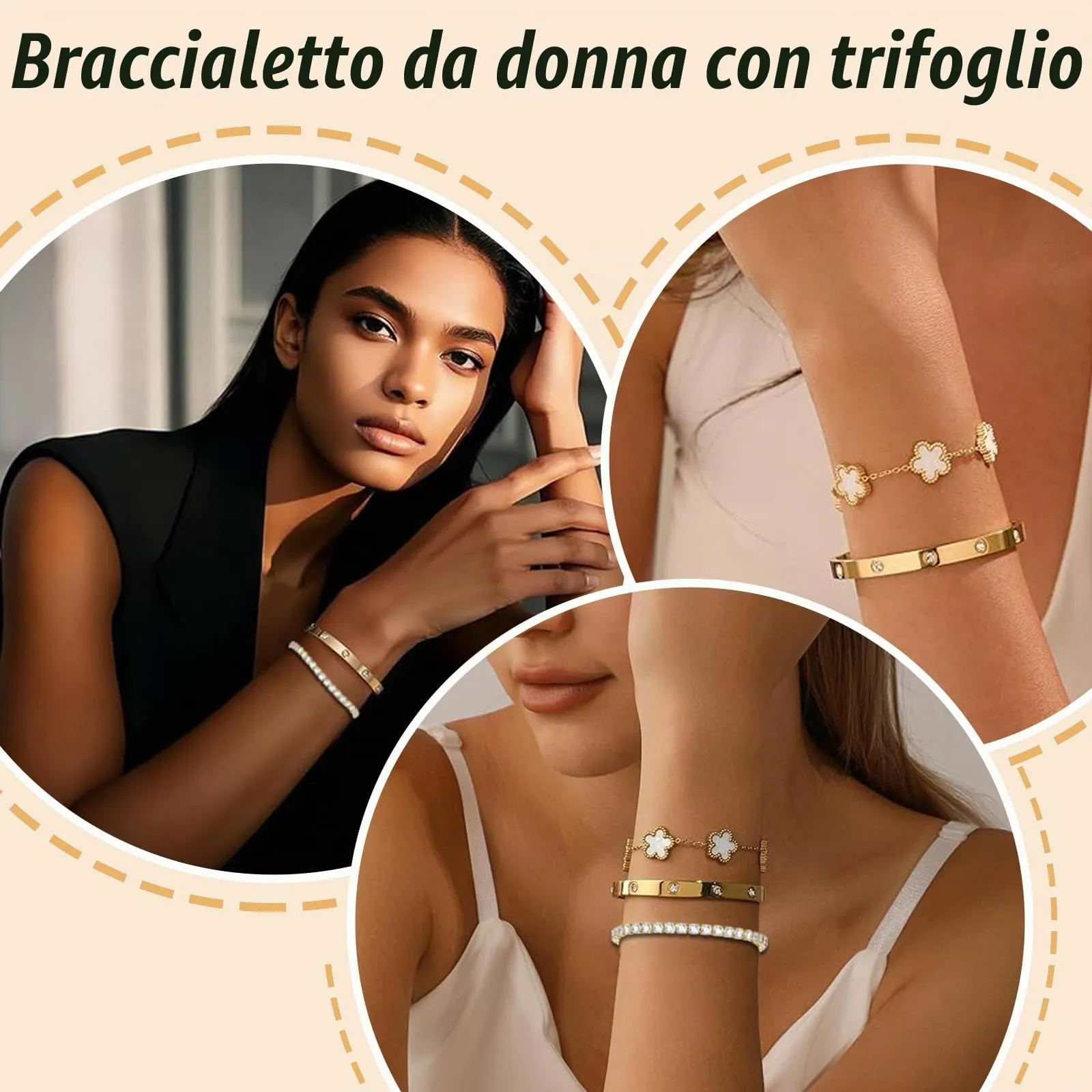 LIUYIDM Bracciale Donna Gioielli 3 Pezzi con Quadrifoglio Dorato Four Leaf Clover Bracelet Accessori Eleganti Gioielli Quadrifoglio Donna Vita Quotidiana, Regali di Compleanno Bianco (Con scatola) - immagine 3