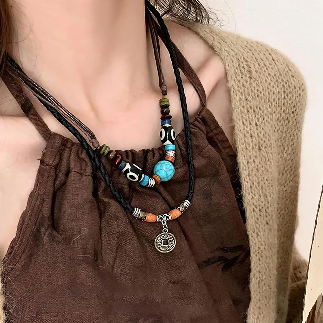 JEYORZY 2 Pcs Gioielli Bohemien Set Per Donne, Braccialetto In Pelle Multistrato Boho,Collana Vintage Etnico Lunga Turchese a Più Strati,Collana Bracciale Etnica Donna,Gioielli Cerchio Western Tribali - immagine 2