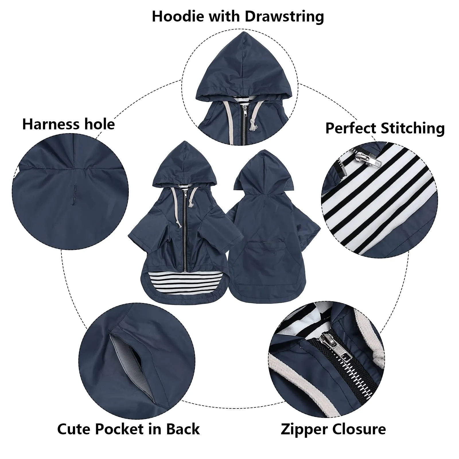 MOREZI impermeabile doppio impermeabile per cani, con fori e tasche per cintura di sicurezza, cerniera e cappuccio, adatto a cani di piccola e media taglia-Blu-XL - immagine 3