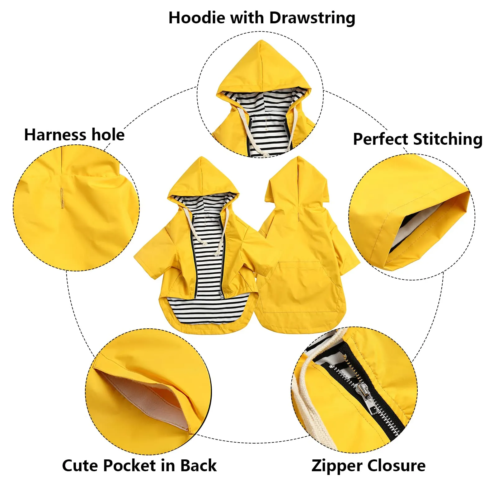 MOREZI impermeabile doppio impermeabile per cani, con fori e tasche per cintura di sicurezza, cerniera e cappuccio, adatto a cani di piccola e media taglia-Giallo-M - immagine 3
