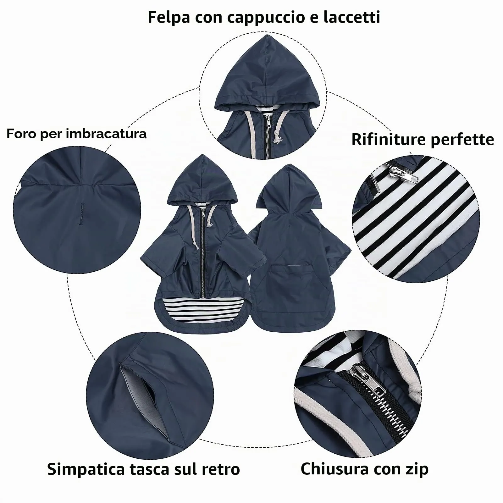 MOREZI impermeabile doppio impermeabile per cani, con fori e tasche per cintura di sicurezza, cerniera e cappuccio, adatto a cani di piccola e media taglia-Blu-L - immagine 3