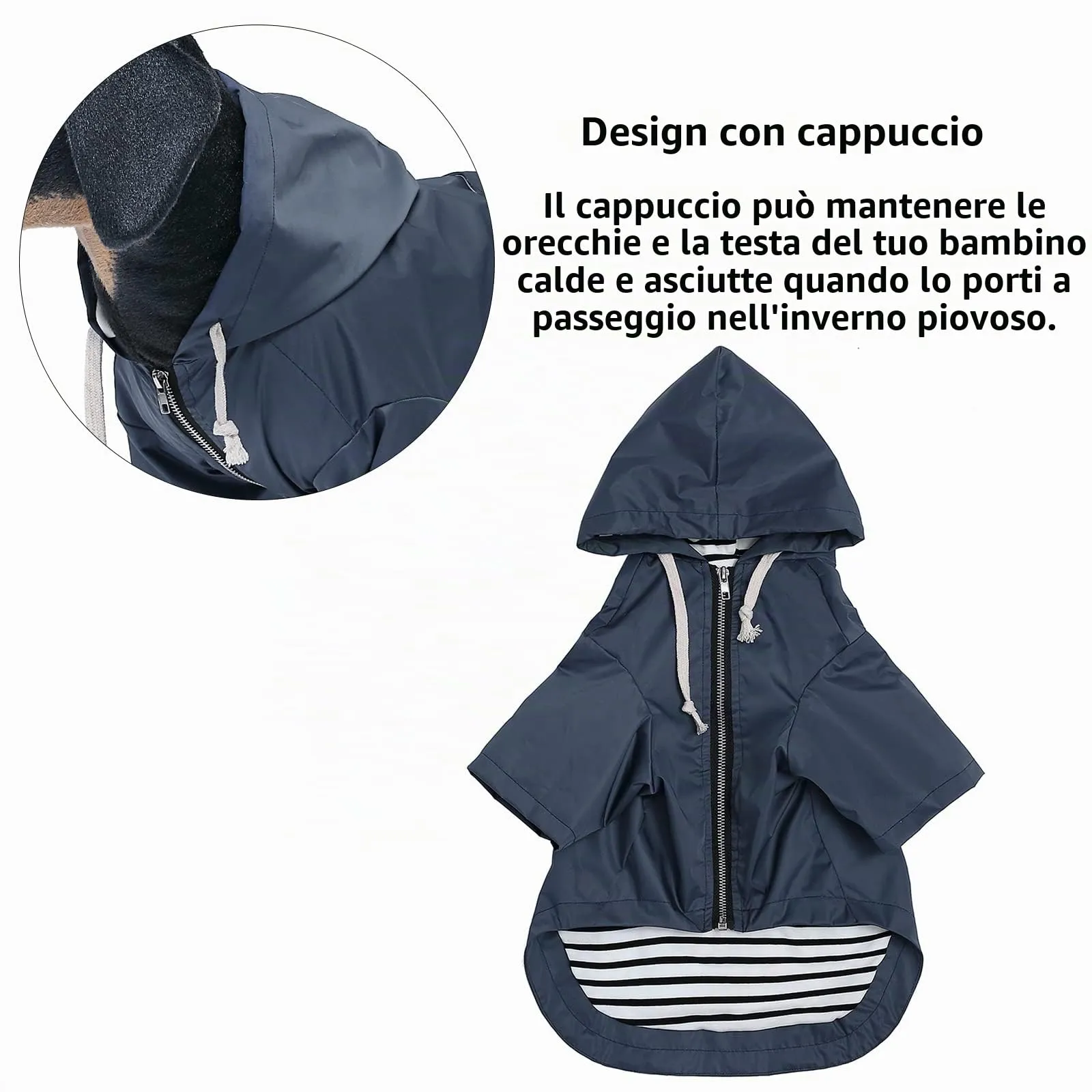 MOREZI impermeabile doppio impermeabile per cani, con fori e tasche per cintura di sicurezza, cerniera e cappuccio, adatto a cani di piccola e media taglia-Blu-L - immagine 4