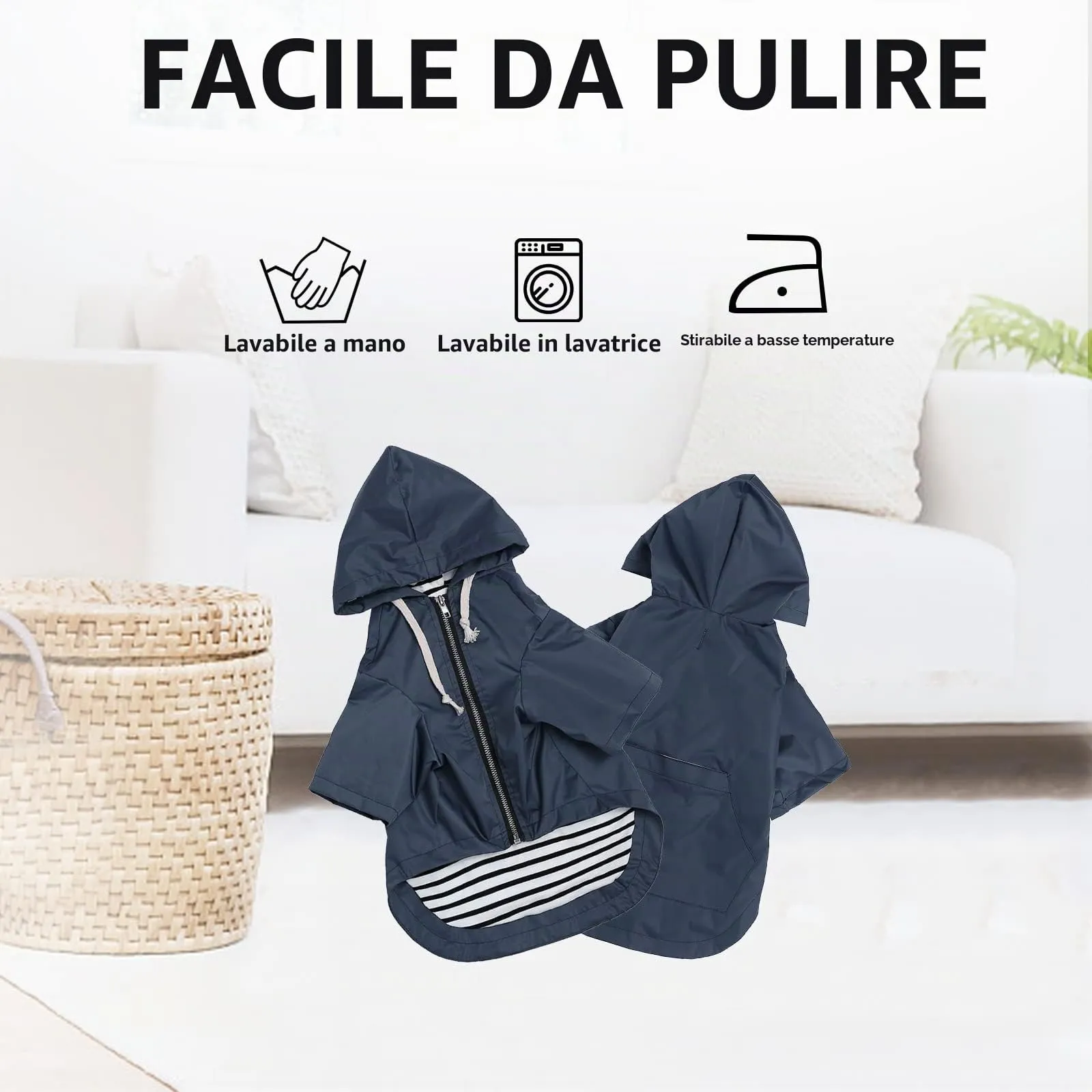 MOREZI impermeabile doppio impermeabile per cani, con fori e tasche per cintura di sicurezza, cerniera e cappuccio, adatto a cani di piccola e media taglia-Blu-L - immagine 7