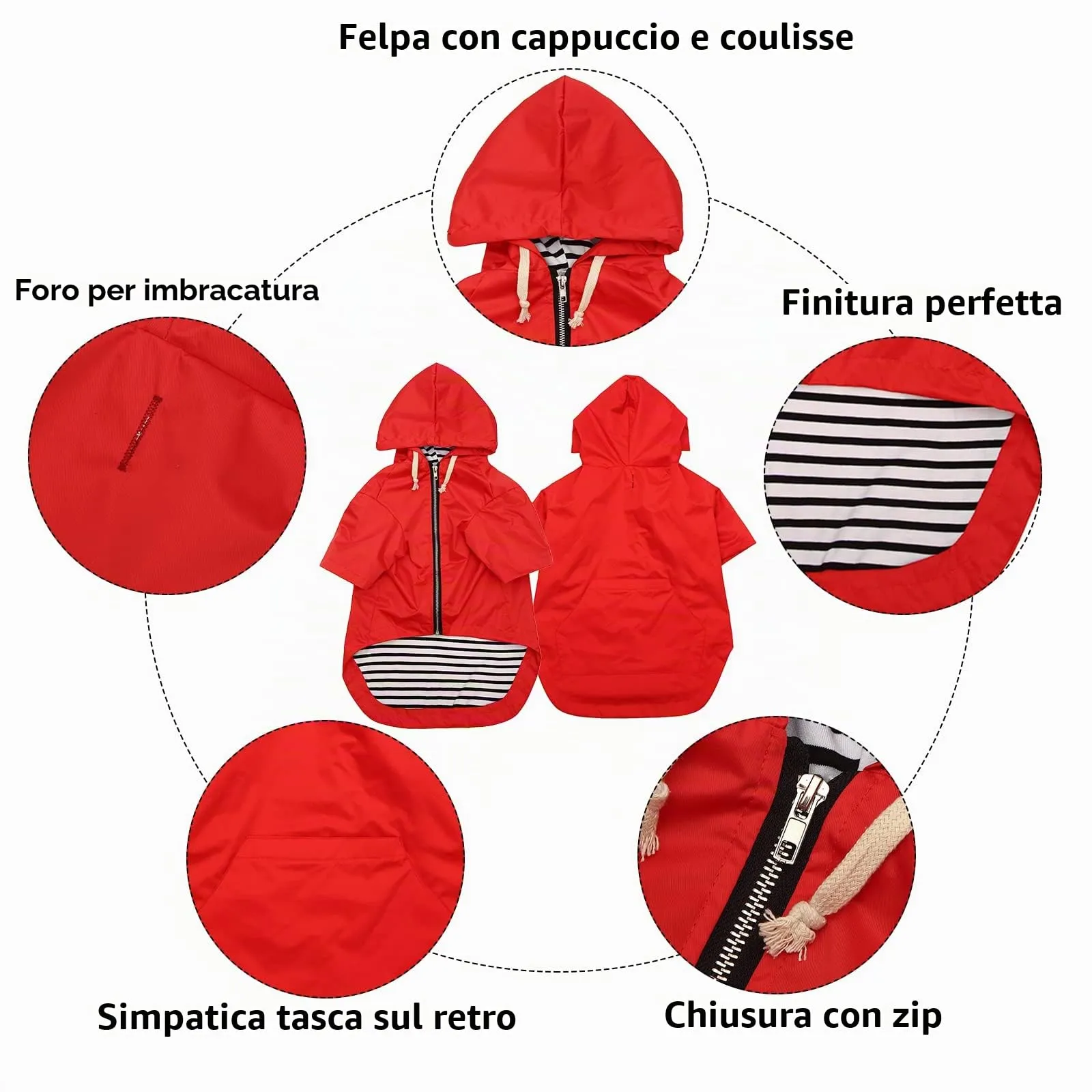 MOREZI impermeabile doppio impermeabile per cani, con fori e tasche per cintura di sicurezza, cerniera e cappuccio, adatto a cani di piccola e media taglia-Rosso-XS - immagine 3