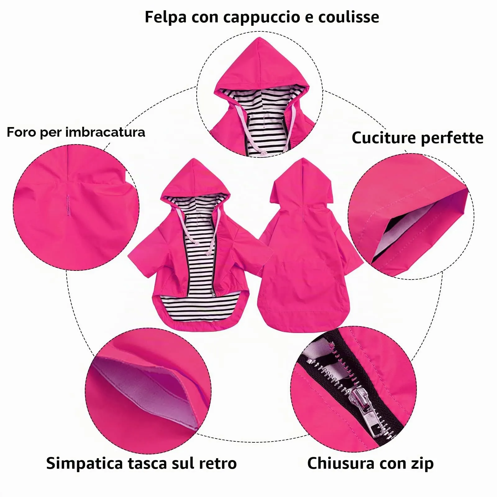 MOREZI impermeabile doppio impermeabile per cani, con fori e tasche per cintura di sicurezza, cerniera e cappuccio, adatto a cani di piccola e media taglia-Rosa-S - immagine 3
