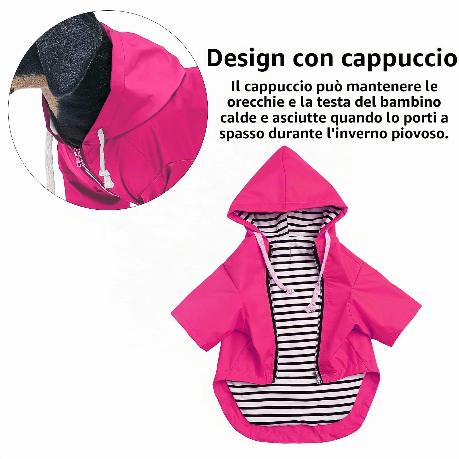 MOREZI impermeabile doppio impermeabile per cani, con fori e tasche per cintura di sicurezza, cerniera e cappuccio, adatto a cani di piccola e media taglia-Rosa-S - immagine 4