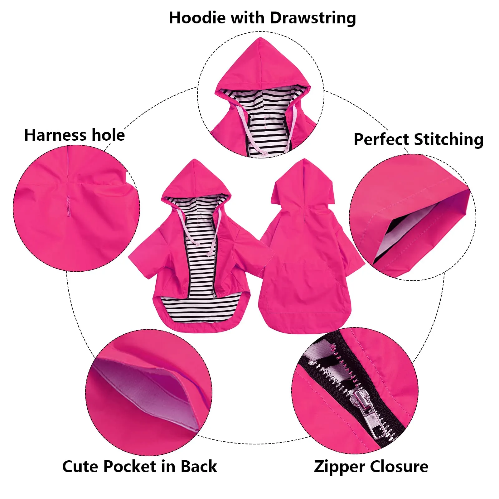 MOREZI impermeabile doppio impermeabile per cani, con fori e tasche per cintura di sicurezza, cerniera e cappuccio, adatto a cani di piccola e media taglia-Rosa-L - immagine 3