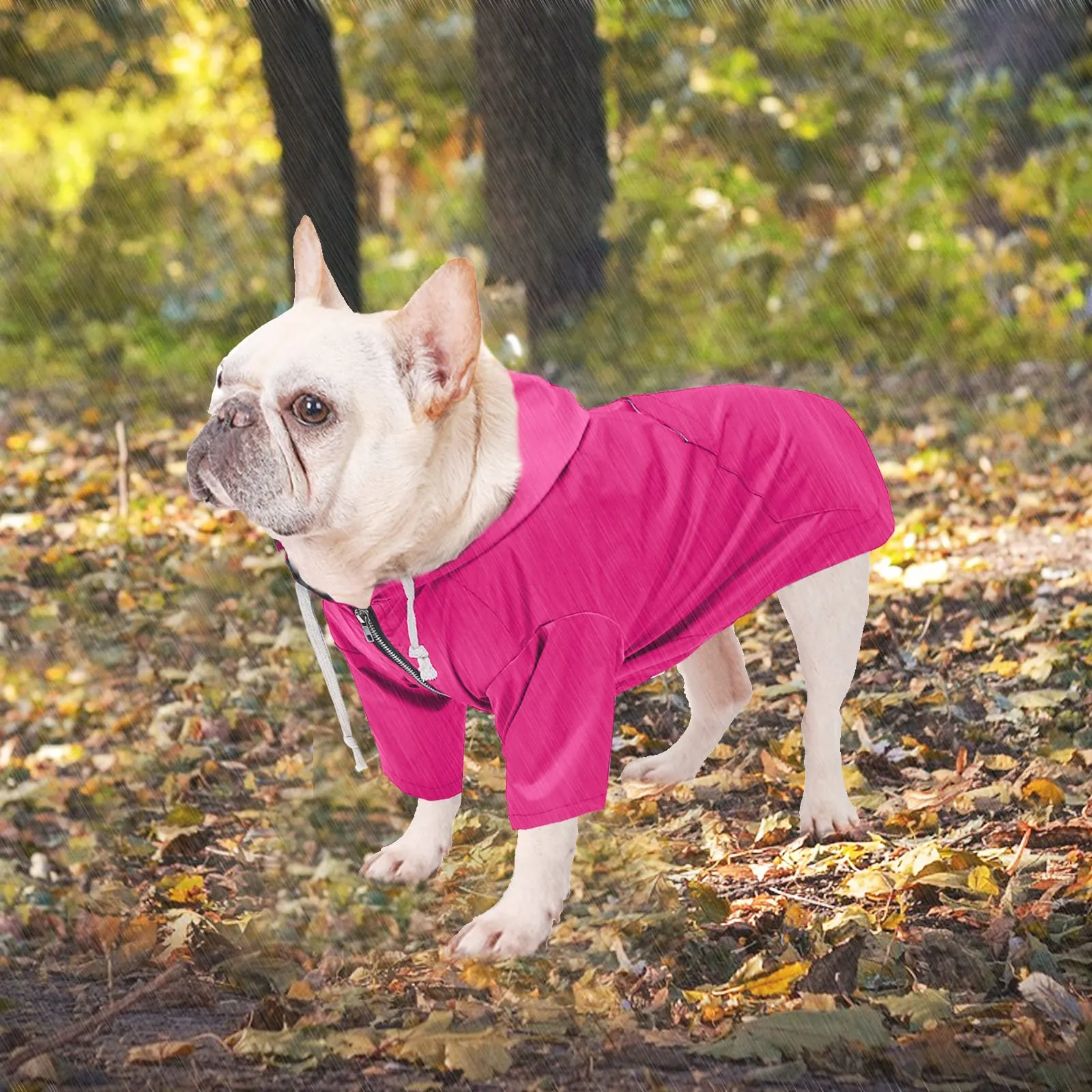 MOREZI impermeabile doppio impermeabile per cani, con fori e tasche per cintura di sicurezza, cerniera e cappuccio, adatto a cani di piccola e media taglia-Rosa-M - immagine 2
