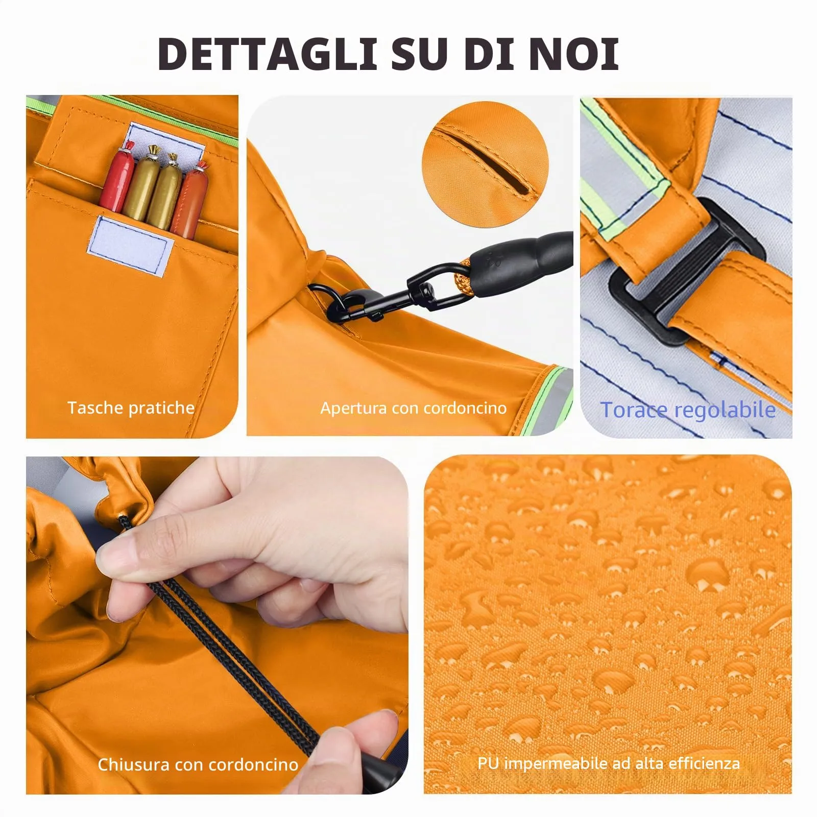 PETCUTE Impermeabile Cane,Cappotto Impermeabile per Cani con Cappuccio e Strisce Riflettenti,Giacca Antipioggia Leggera con Apertura per Guinzaglio,Pioggia e neve in Inverno e in Vacanza,Arancione,2XL - immagine 4