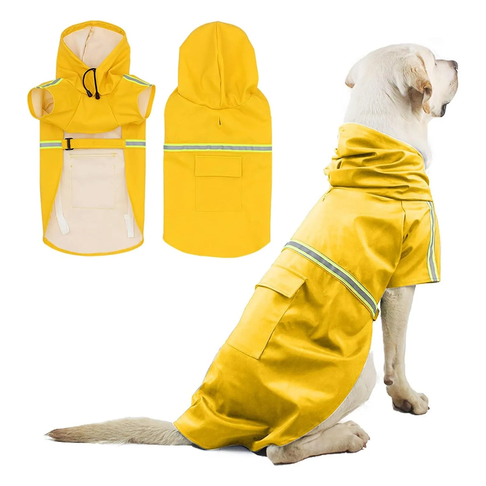 PETCUTE Impermeabile Cane,Cappotto Impermeabile per Cani con Cappuccio e Strisce Riflettenti,Giacca Antipioggia Leggera con Apertura per Guinzaglio,Pioggia e neve in Inverno e in Vacanza,Giallo,4XL - immagine 1