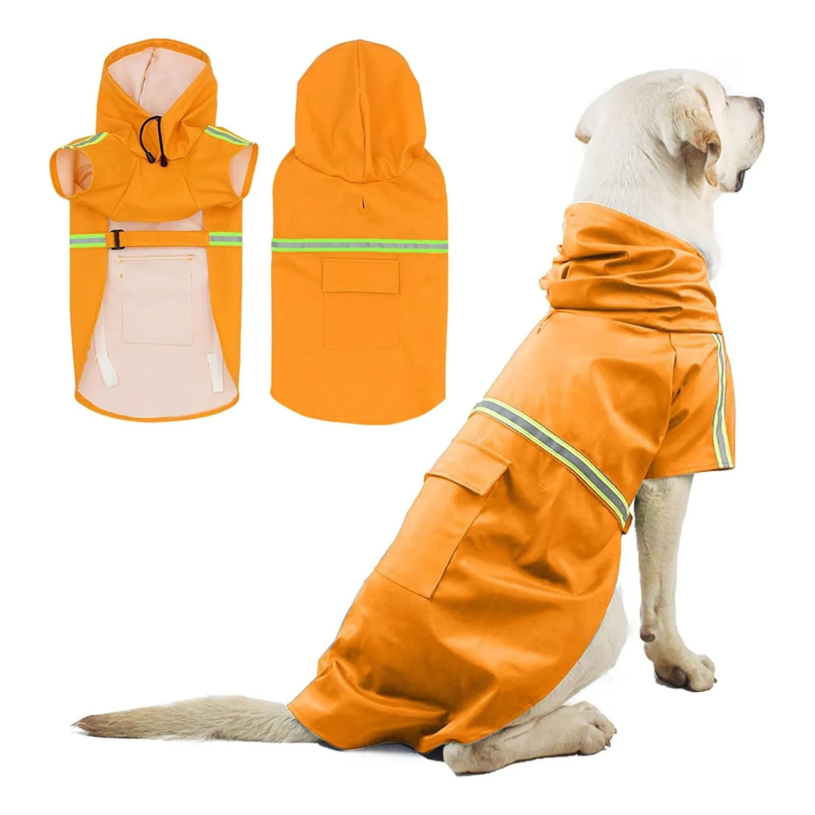 PETCUTE Impermeabile Cane,Cappotto Impermeabile per Cani con Cappuccio e Strisce Riflettenti,Giacca Antipioggia Leggera con Apertura per Guinzaglio,Pioggia e neve in Inverno e in Vacanza,Arancione,S - immagine 1