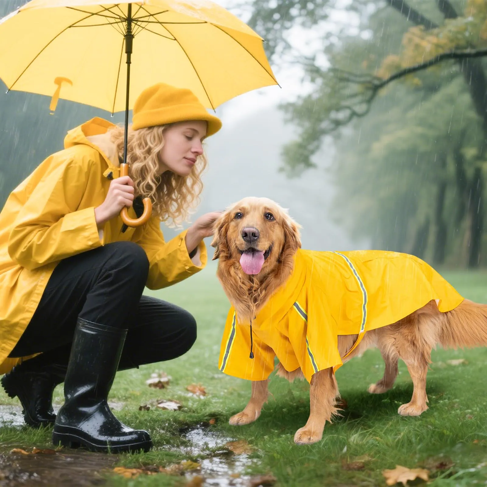 PETCUTE Impermeabile Cane,Cappotto Impermeabile per Cani con Cappuccio e Strisce Riflettenti,Giacca Antipioggia Leggera con Apertura per Guinzaglio,Pioggia e neve in Inverno e in Vacanza,Giallo,M - immagine 2