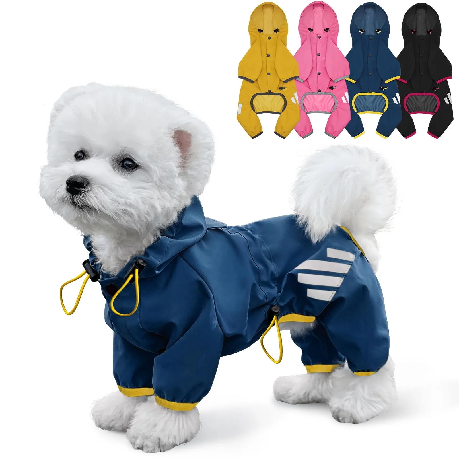 Impermeabile per cani, giacca impermeabile con cappuccio, cappotto antipioggia con foro per guinzaglio, cinghia riflettente per cani di taglia piccola e media, abbigliamento leggero per cuccioli (blu - immagine 1