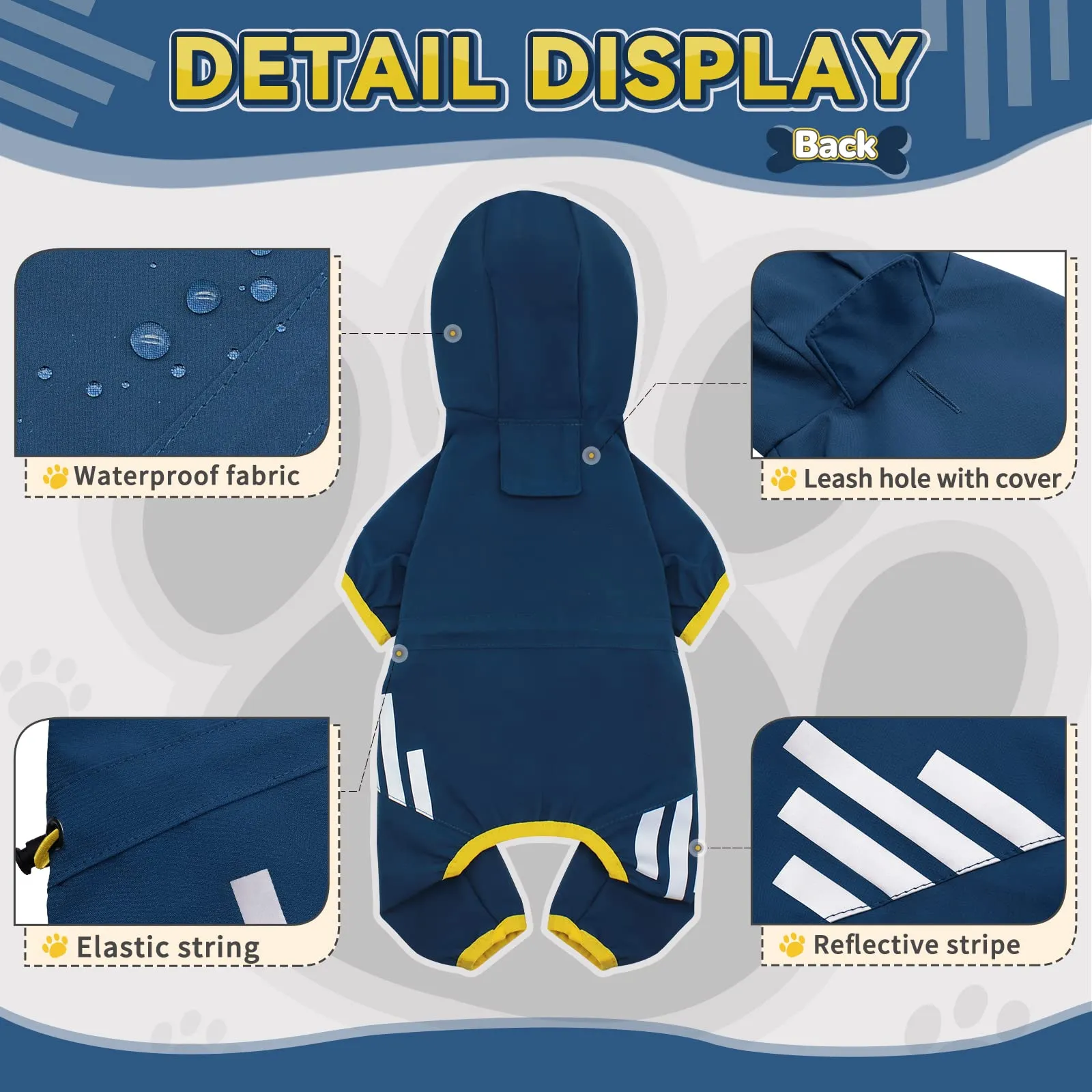 Impermeabile per cani, giacca impermeabile con cappuccio, cappotto antipioggia con foro per guinzaglio, cinghia riflettente per cani di taglia piccola e media, abbigliamento leggero per cuccioli (blu - immagine 2