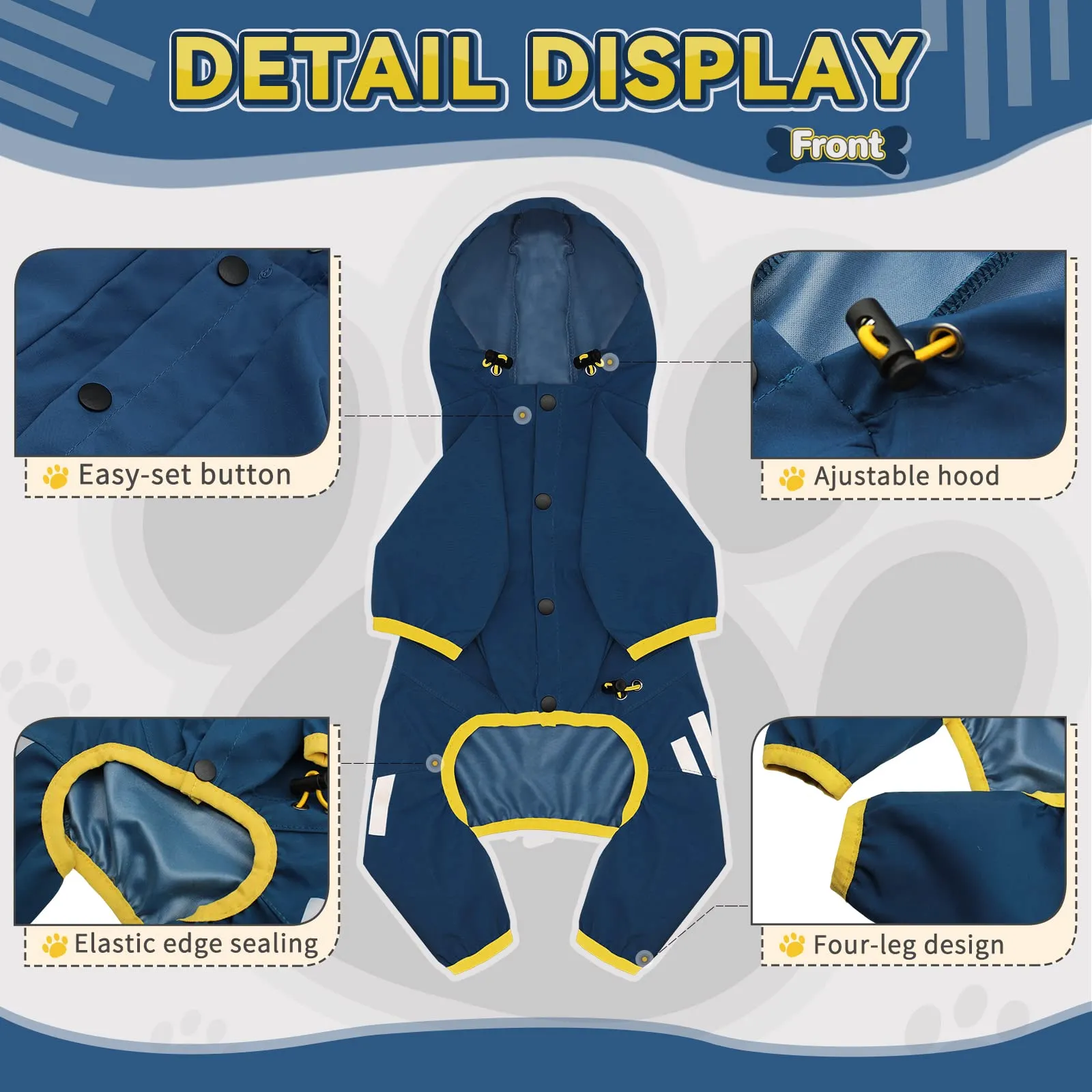 Impermeabile per cani, giacca impermeabile con cappuccio, cappotto antipioggia con foro per guinzaglio, cinghia riflettente per cani di taglia piccola e media, abbigliamento leggero per cuccioli (blu - immagine 3