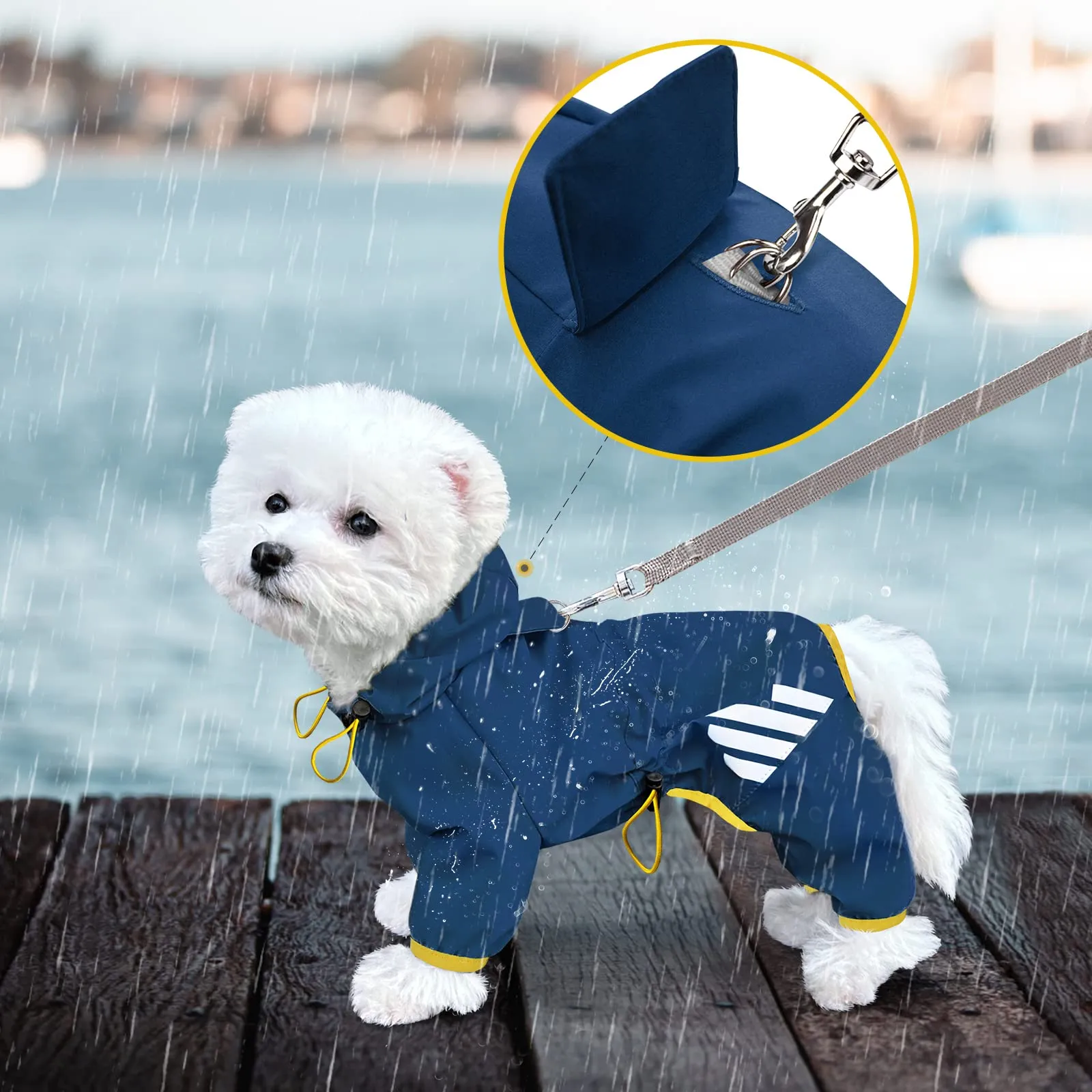 Impermeabile per cani, giacca impermeabile con cappuccio, cappotto antipioggia con foro per guinzaglio, cinghia riflettente per cani di taglia piccola e media, abbigliamento leggero per cuccioli (blu - immagine 6