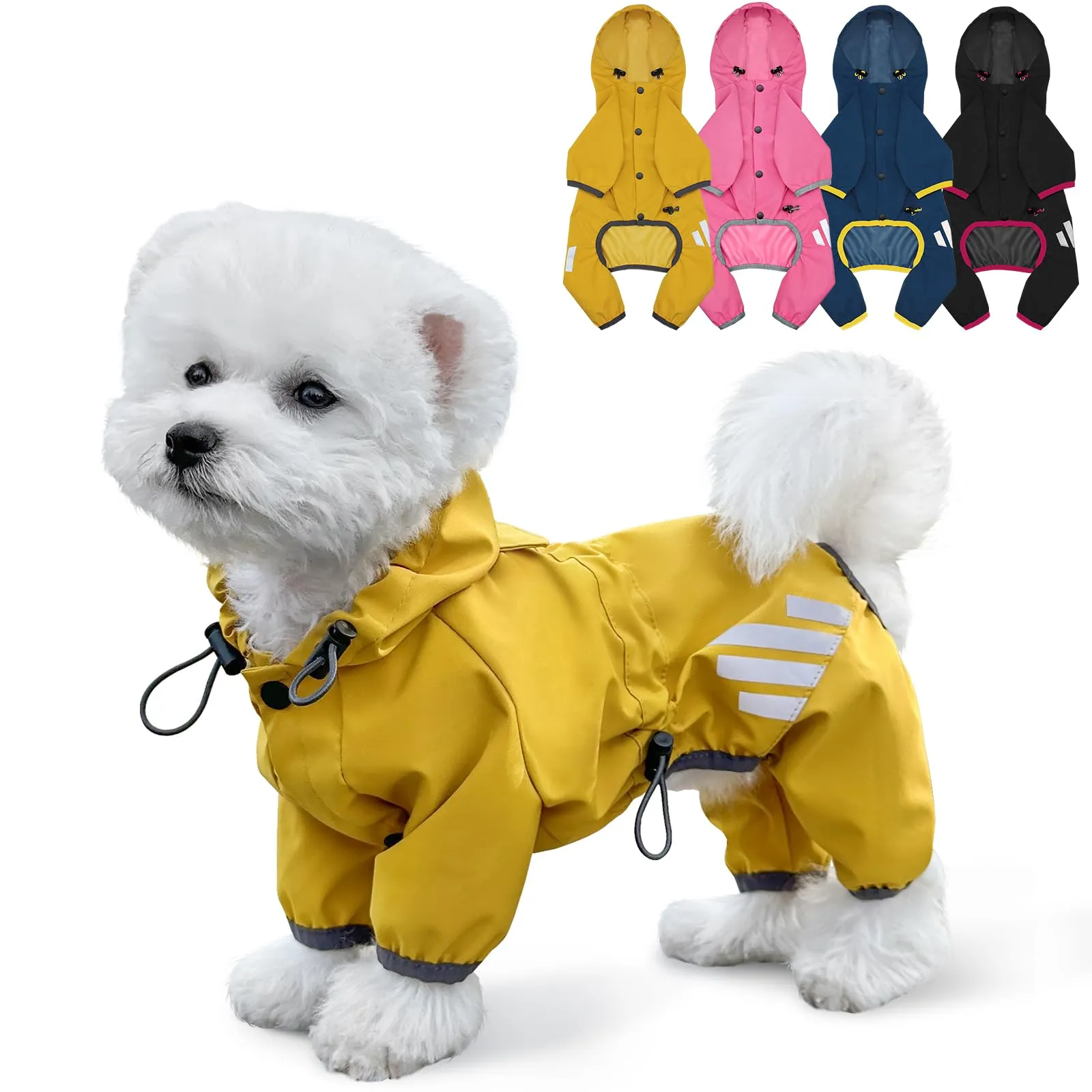 Impermeabile per cani, impermeabile per cani, con cappuccio, con foro per guinzaglio, cinghia riflettente per cani di taglia piccola e media, vestiti leggeri per cuccioli (giallo, XL) - immagine 1