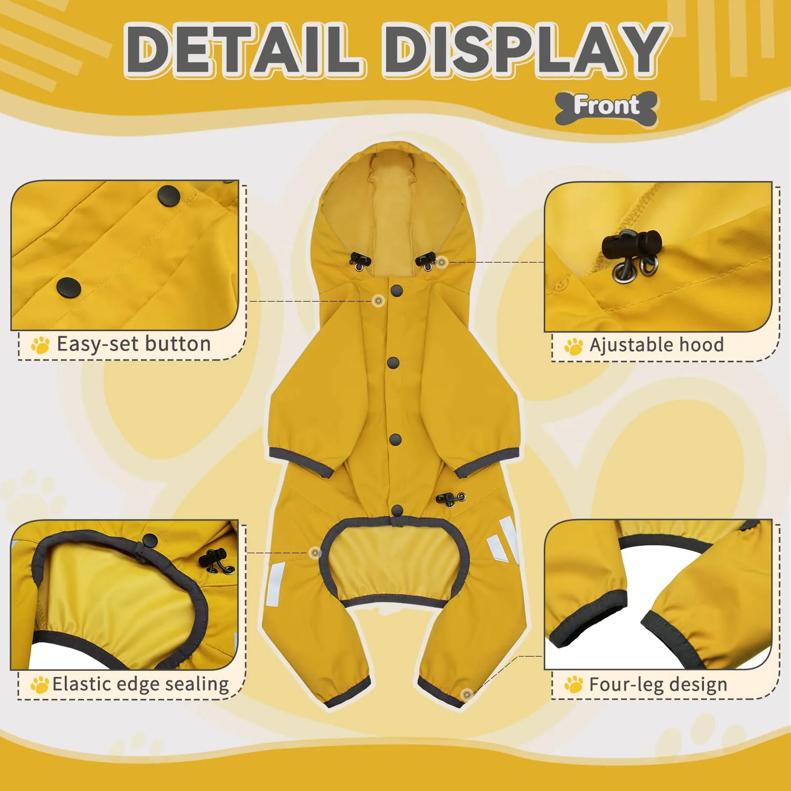 Impermeabile per cani, impermeabile per cani, con cappuccio, con foro per guinzaglio, cinghia riflettente per cani di taglia piccola e media, vestiti leggeri per cuccioli (giallo, XL) - immagine 2