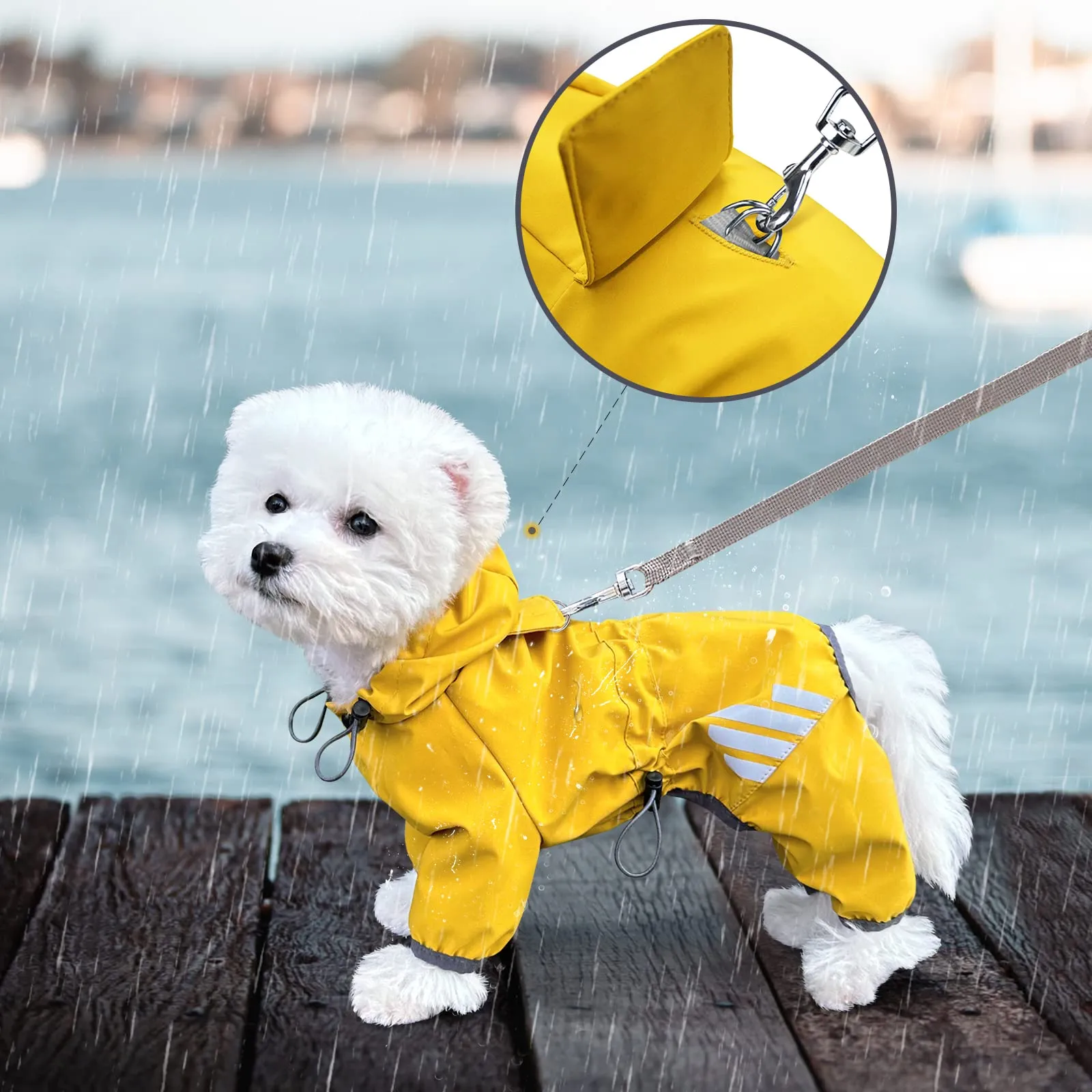 Impermeabile per cani, impermeabile per cani, con cappuccio, con foro per guinzaglio, cinghia riflettente per cani di taglia piccola e media, vestiti leggeri per cuccioli (giallo, XL) - immagine 6