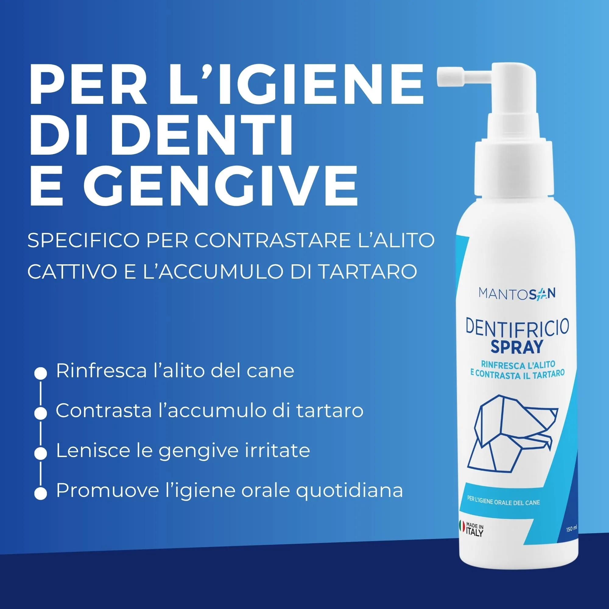 Mantosan Dentifricio Spray per Cani 150ml per Pulizia Denti Gengive Tartaro Alitosi con Clorexidina Olio di Neem Menta Rinfresca Alito Contrasta Tartaro Lenisce Gengive Igiene Orale Senza Risciacquo - immagine 2
