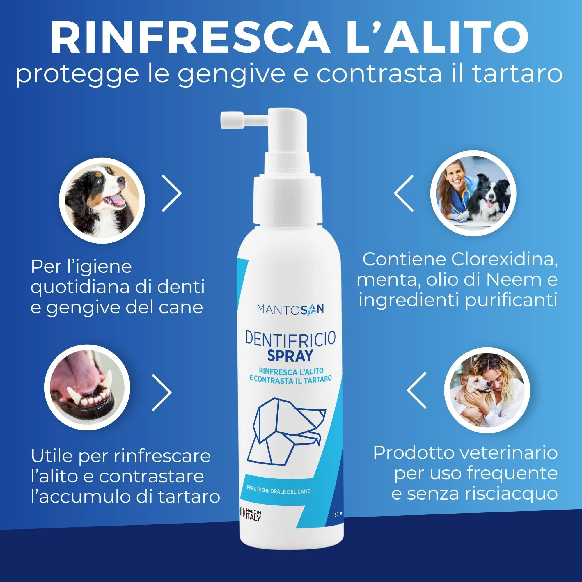 Mantosan Dentifricio Spray per Cani 150ml per Pulizia Denti Gengive Tartaro Alitosi con Clorexidina Olio di Neem Menta Rinfresca Alito Contrasta Tartaro Lenisce Gengive Igiene Orale Senza Risciacquo - immagine 3