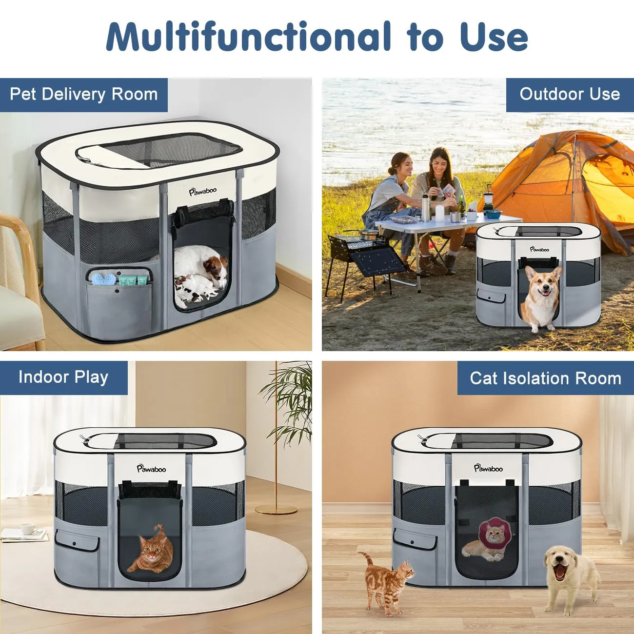 Pawaboo Recinto Portatile per Cani in Tessuto Oxford 600D, Grigio - immagine 8