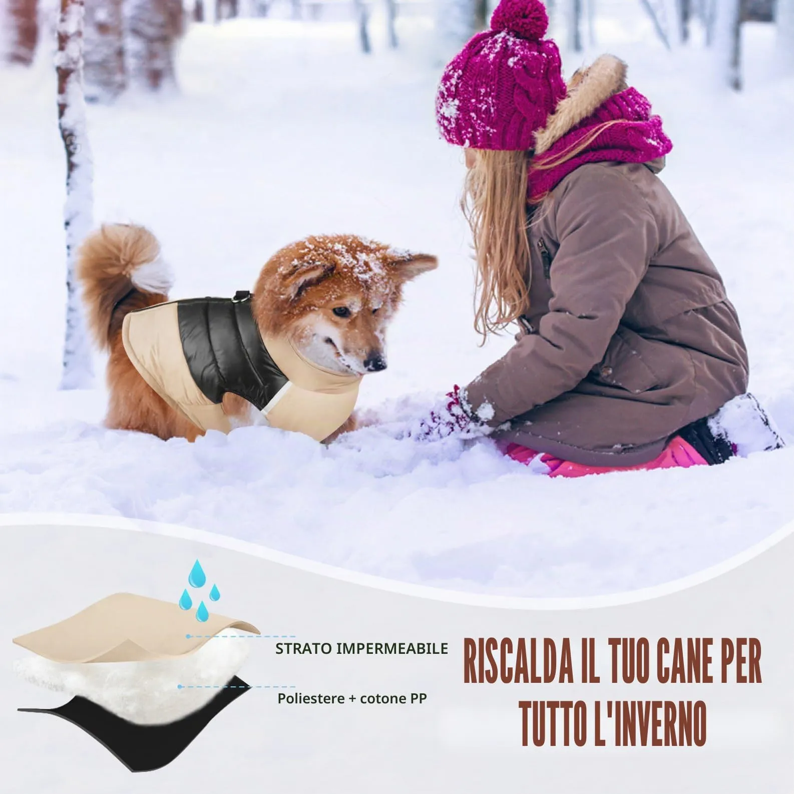 Idepet Cappottino invernale impermeabile, per cane/gatto taglia piccola, media e grande, S M L XL XXL 3XL 4XL 5XL (Khaki, M) - immagine 4