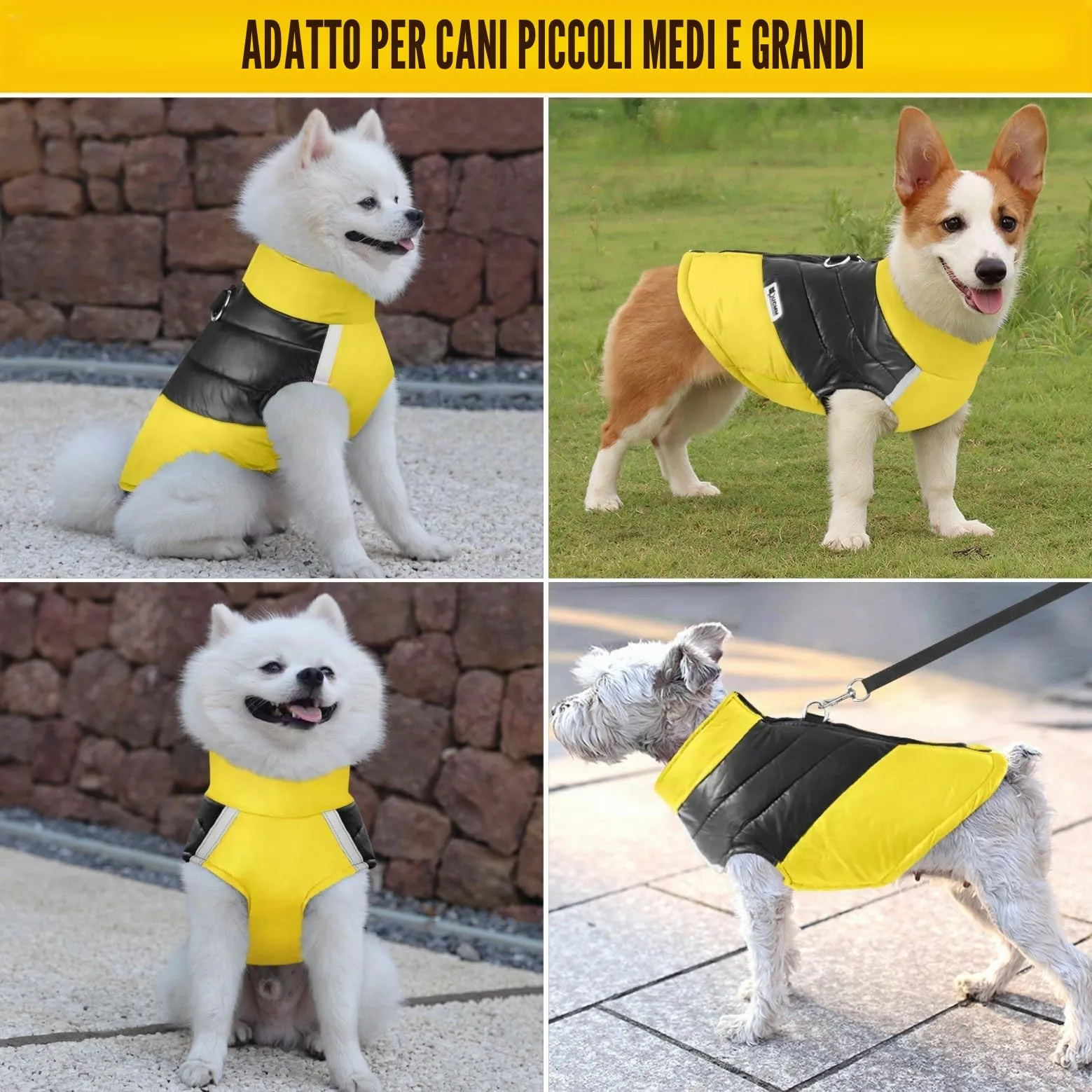 Idepet Cappottino invernale impermeabile, per cane/gatto taglia piccola, media e grande, S M L XL XXL 3XL 4XL 5XL (Giallo, L) - immagine 6