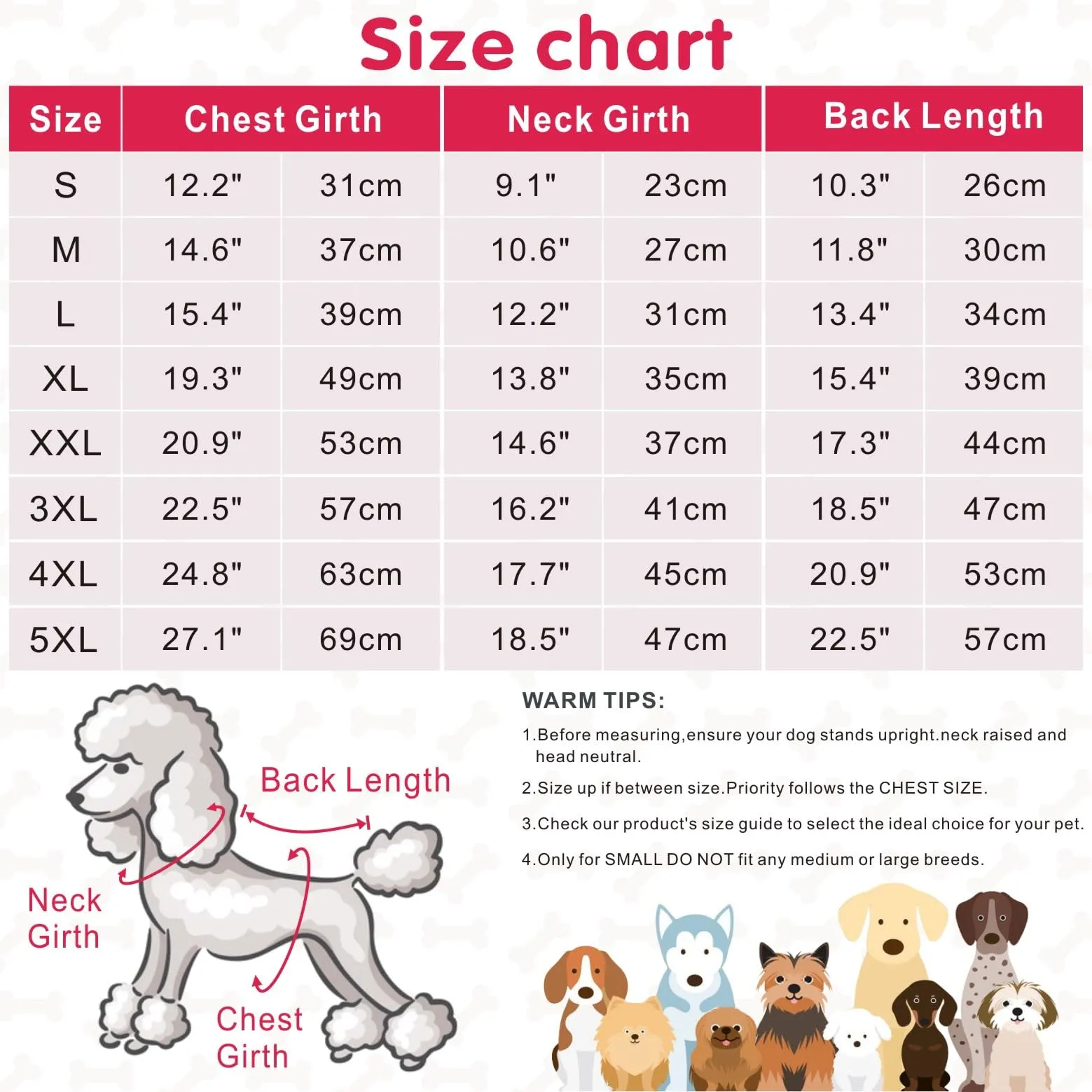 Idepet Cappottino invernale impermeabile, per cane/gatto taglia piccola, media e grande, S M L XL XXL 3XL 4XL 5XL (Rosso chiaro, S) - immagine 2