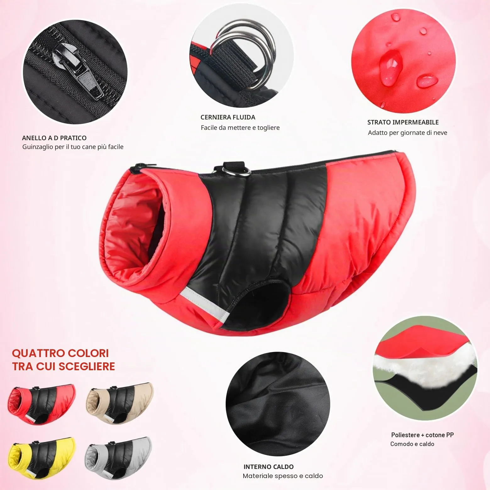 Idepet Cappottino invernale impermeabile, per cane/gatto taglia piccola, media e grande, S M L XL XXL 3XL 4XL 5XL (Rosso chiaro, 2XL) - immagine 7