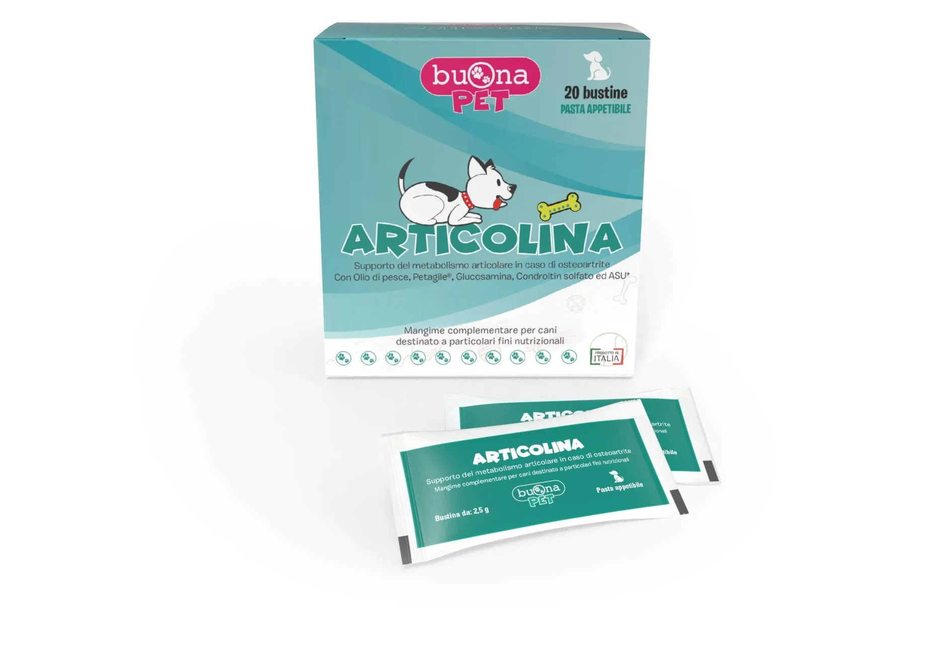 Buona Pet Articolina Integratore Articolazioni Cane 20 Bustine, Mangime Complementare Dietetico per Cani con Omega 3, Petagile®, Glucosamina, Condroitin Solfato, ASU e Pea Levagen Plus® - immagine 1