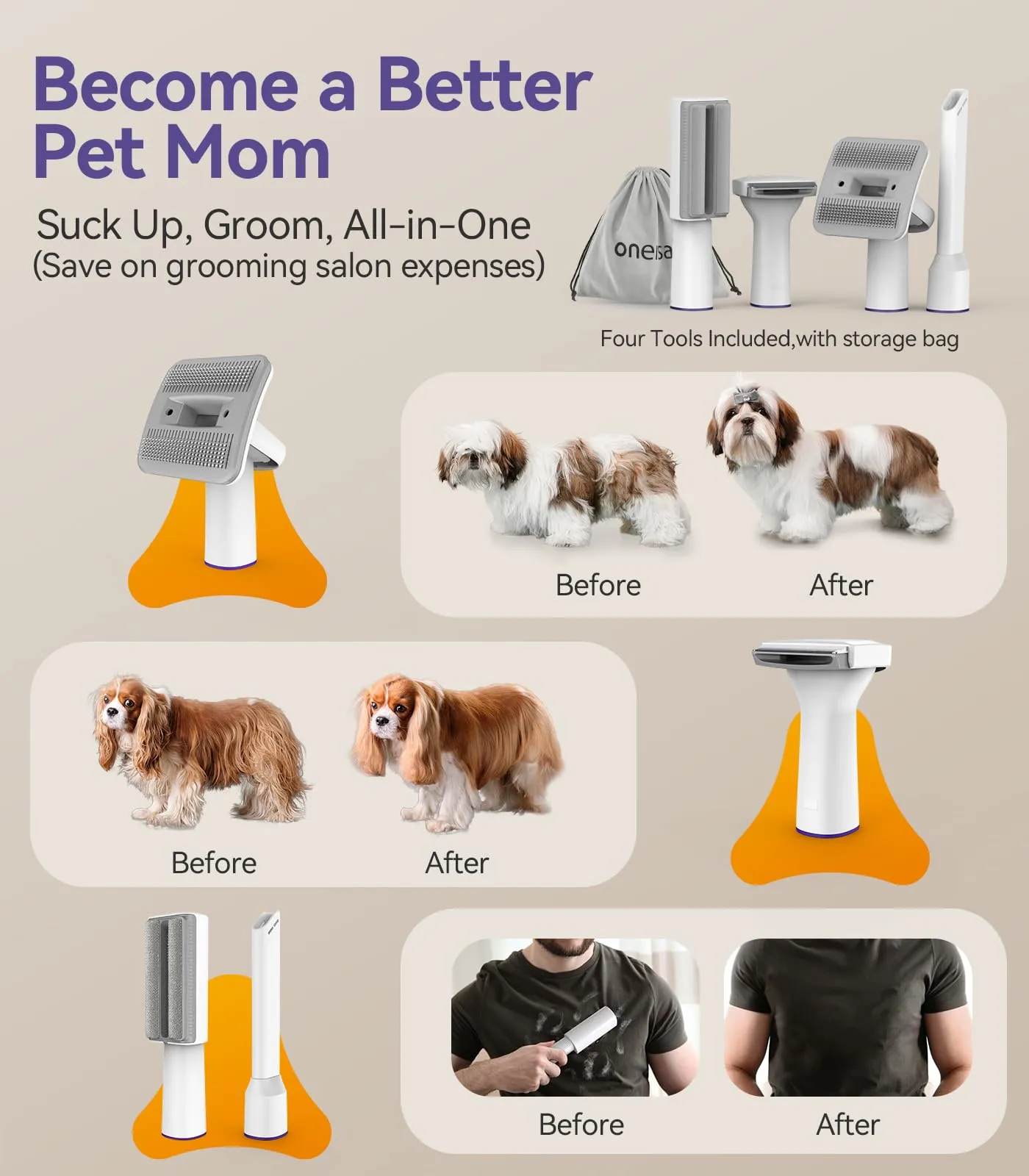oneisall Aspirapolvere per cani con spazzola - immagine 4