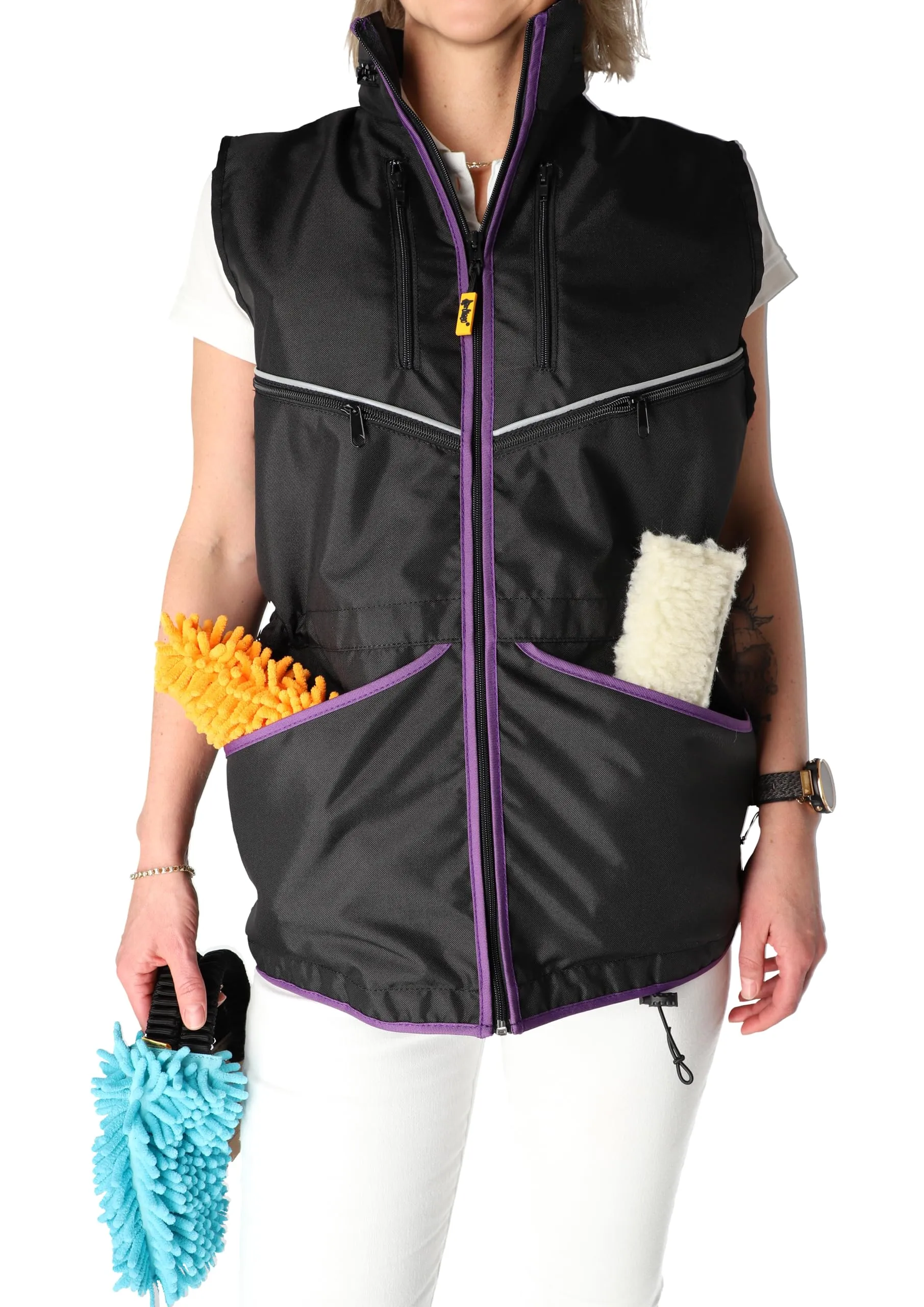 Dingo Waldemar Rutkowski Gilet da Dog Trainer con 2 Tasche con Zip, 2 Aperte, Cappuccio, Regolabile, Aderente, Impermeabile, Nero con Bordo Rosa - Taglia L (16428) - immagine 6