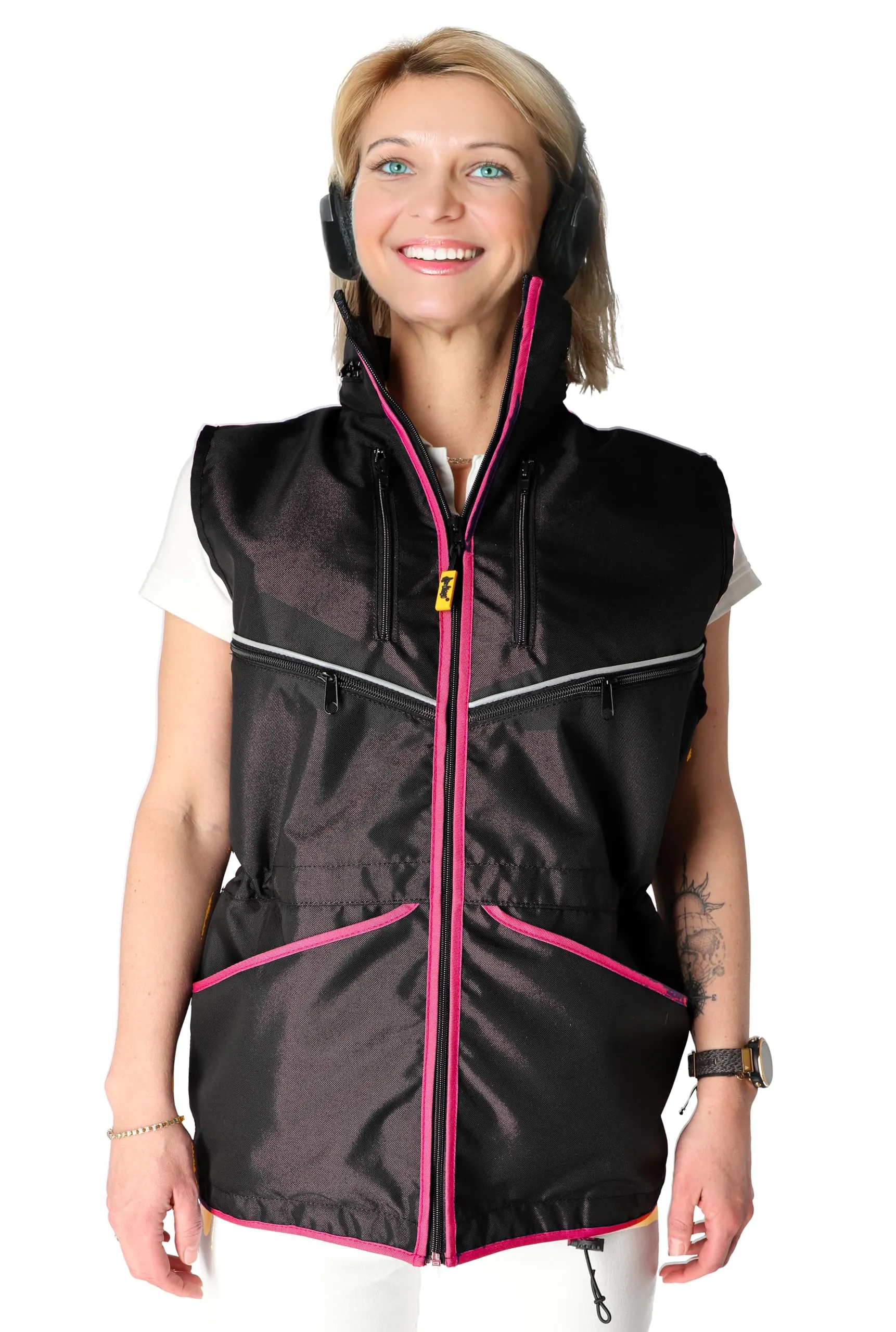Dingo Waldemar Rutkowski Gilet da Dog Trainer con 2 Tasche con Zip, 2 Aperte, Cappuccio, Regolabile, Aderente, Impermeabile, Nero con Bordo Viola - Taglia L (16431) - immagine 7
