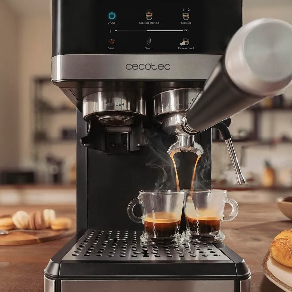 Cecotec Macchine da Caffè Espresso Power Espresso 20 Grind. 1350W, 20Bar, Caffè con Vapore, 2 Tazze, Schermo Tattile, Macinacaffè, Serbatoio Caffè 150g, Acqua 1.7L, Schiumatore, Thermoblock, Sicurezza - immagine 7
