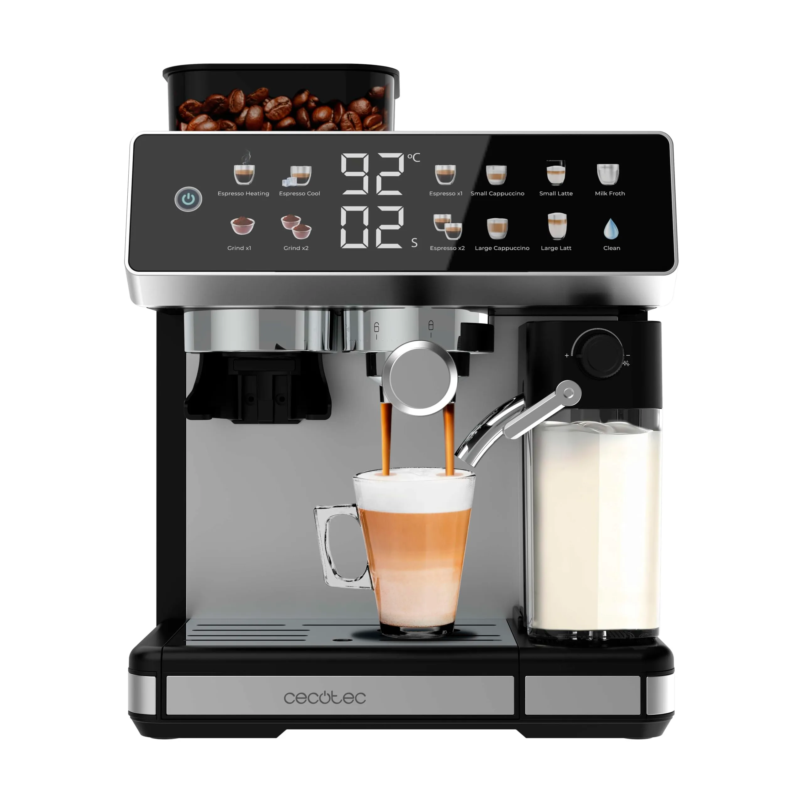 Cecotec Macchina da Caffè Espresso Barista Power Espresso 20 Barista Grind & Latte. 1350W, 20 Bar, Macinino Conico, Serbatoio Acqua 2.6L, 100g Caffè e 500ml Latte, Schermo Tattile, Autopulizia - immagine 8