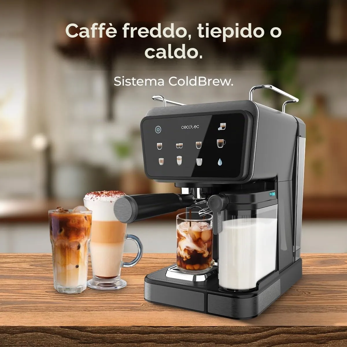 Cecotec Macchine da Caffè Espresso Semiautomatiche Power Espresso Touch ColdBrew Latte. 1350W, 20 Bar, Freddo, Tiepido, Caldo, Schermo Tattile, Serbatoio Acqua 1.5L, Latte 500ml, Doppio Braccio - immagine 4