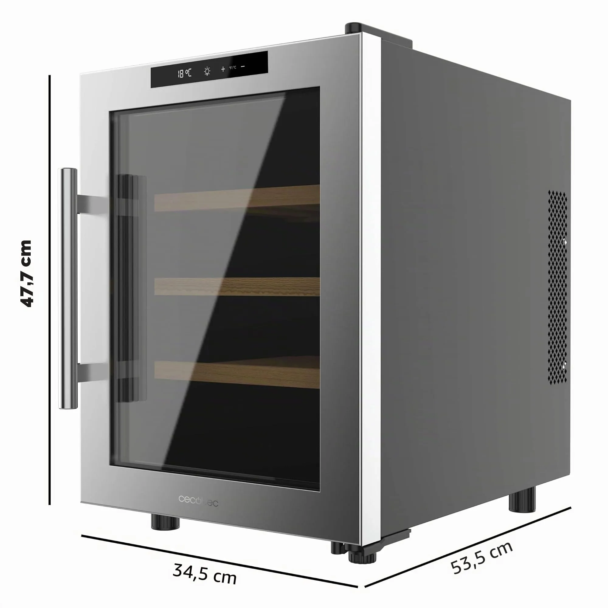 Cecotec Cantinetta Bolero GrandSommelier 1255 CoolWood E. Capacità 12 Bottiglie, Ripiani in Legno, Controllo Tattile, Temperatura 8 a 18ºC, Acciaio Inox - immagine 2