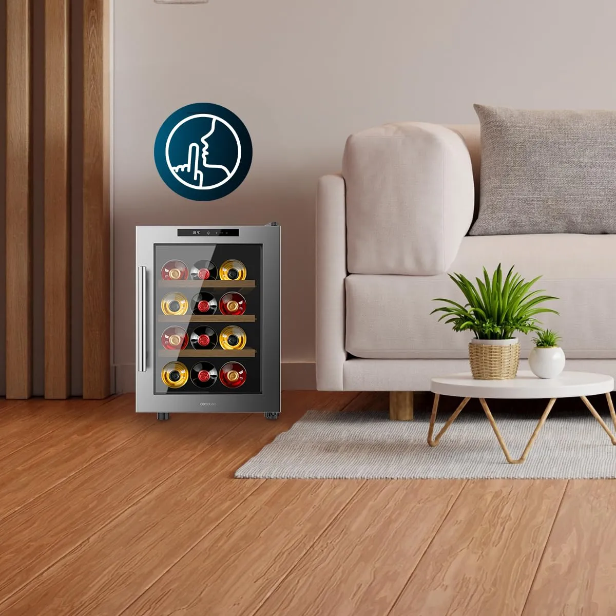 Cecotec Cantinetta Bolero GrandSommelier 1255 CoolWood E. Capacità 12 Bottiglie, Ripiani in Legno, Controllo Tattile, Temperatura 8 a 18ºC, Acciaio Inox - immagine 4