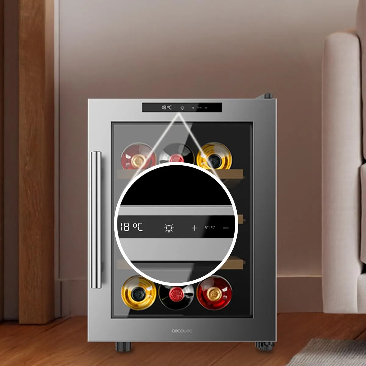 Cecotec Cantinetta Bolero GrandSommelier 1255 CoolWood E. Capacità 12 Bottiglie, Ripiani in Legno, Controllo Tattile, Temperatura 8 a 18ºC, Acciaio Inox - immagine 5