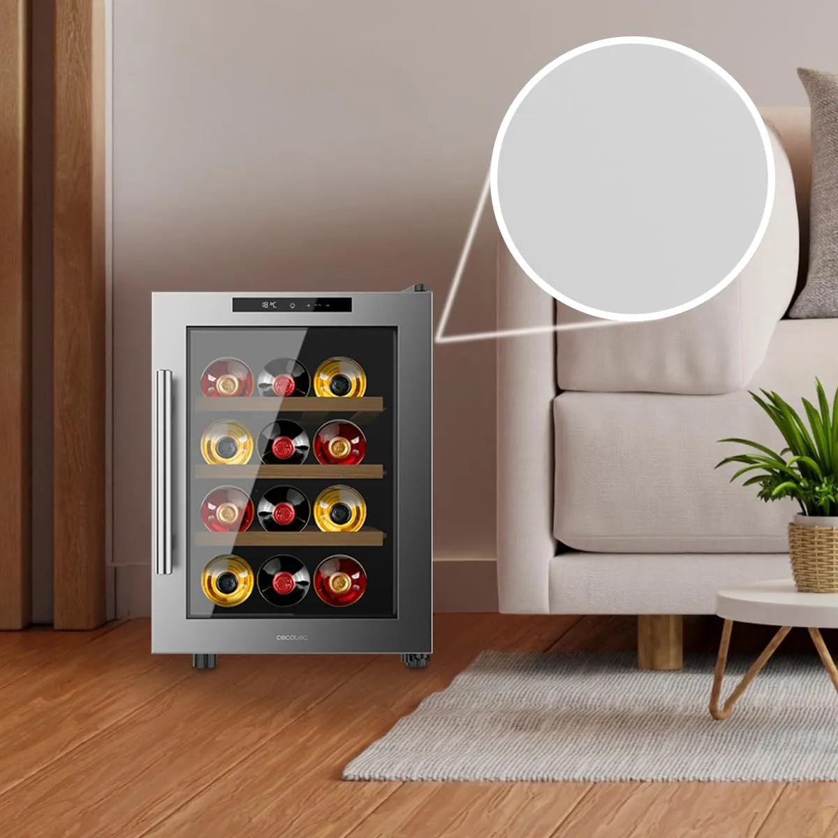 Cecotec Cantinetta Bolero GrandSommelier 1255 CoolWood E. Capacità 12 Bottiglie, Ripiani in Legno, Controllo Tattile, Temperatura 8 a 18ºC, Acciaio Inox - immagine 8